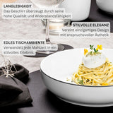 SANGER | Marlo sort og hvid kant servisesæt, 18 dele porcelænsstel til 6, hvid med sorte accenter, middagstallerkener, desserttallerkener og skåle, moderne design | PREMIUM KOLLEKTIONEN