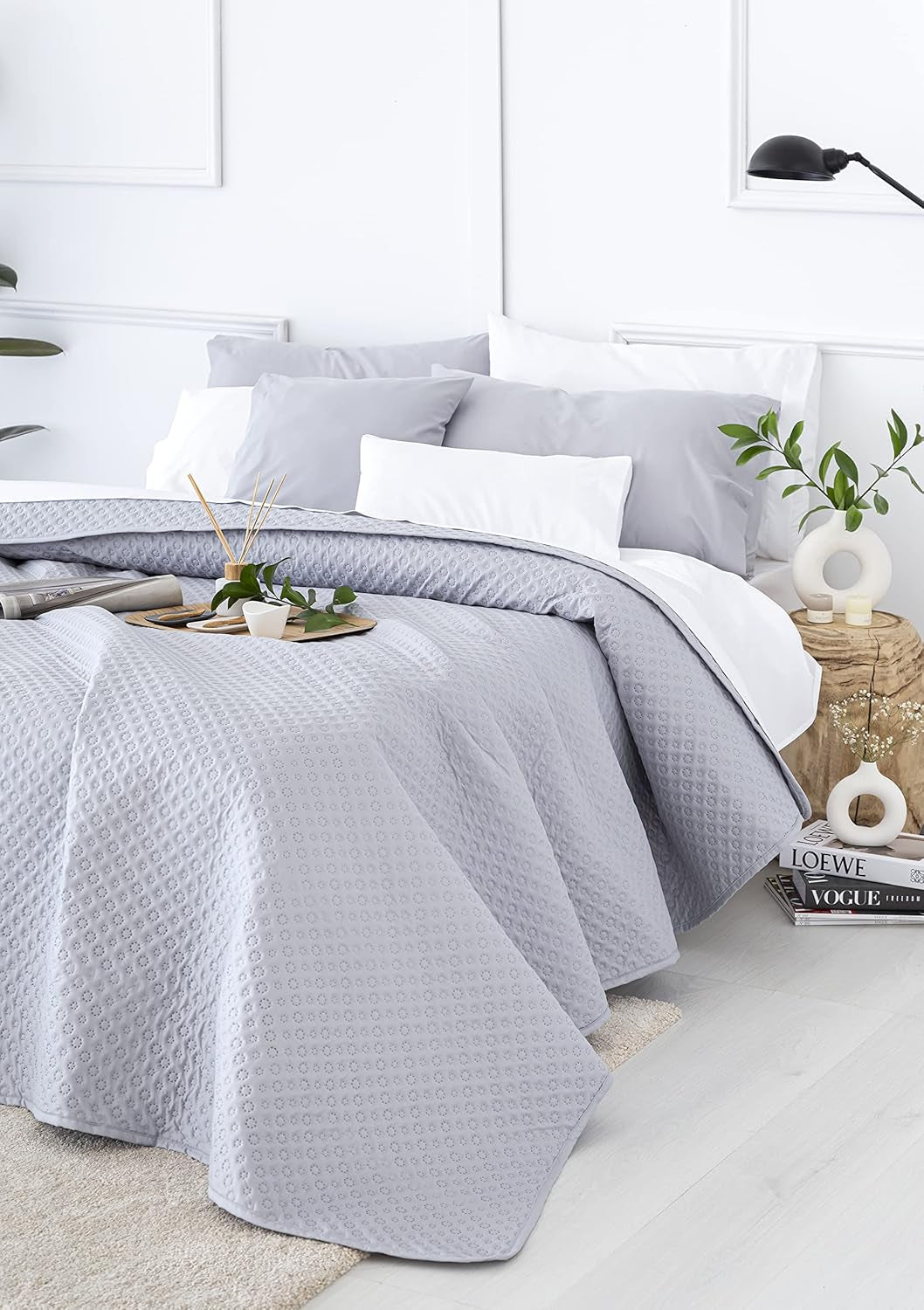 Todocama Fine Boutique sengetæppe med piquémønster, til forår, sommer, efterår og vinter, 100% super blødt mikrofiber, multifunktionelt tæppe, 140/150/160-250 X 260 cm, lysegrå Senge og tæpper Beuche den Todocama-Store