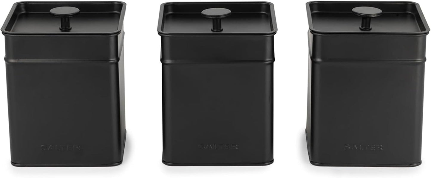 Salter BW12614EU7 Kuro Opbevaringsboks Sæt - 4 Køkkenbeholdere Brød/Te/Kaffe/Sukker Firkantede organiseringskasser Let at rengøre Hold Mad Frisk Sort Naty Shop Mad Opbevaringsbokse 3 stk.