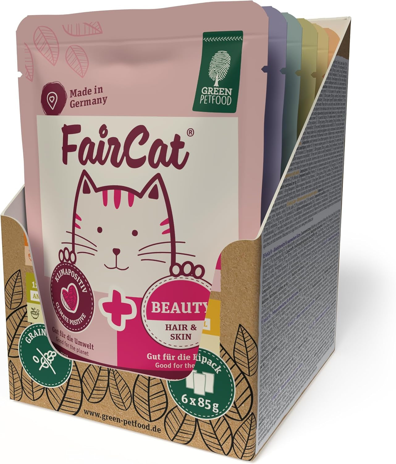 Green Petfood FairCat Multipack (6 x 85 g) | Voksen | Premium vådfoder til udvoksede katte 6 verschiedenen leckere Sorten im Multipack | getreidefrei | Katzenfutter nass | 6 pakke