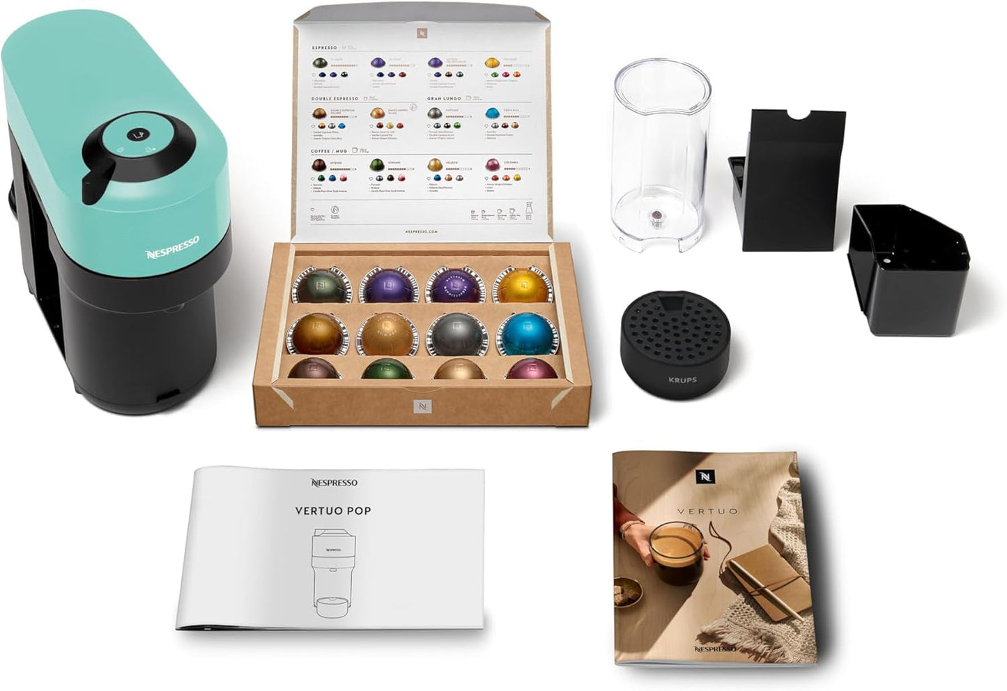 Espressomaskine med Nespresso Krups Vertuo Pop-kapsler, kapacitet: 560 ml, automatisk kapselgenkendelse, one-touch system, 4 kopstørrelser, forkortet opvarmningstid, bæredygtig, Aqua Mint, XN9204