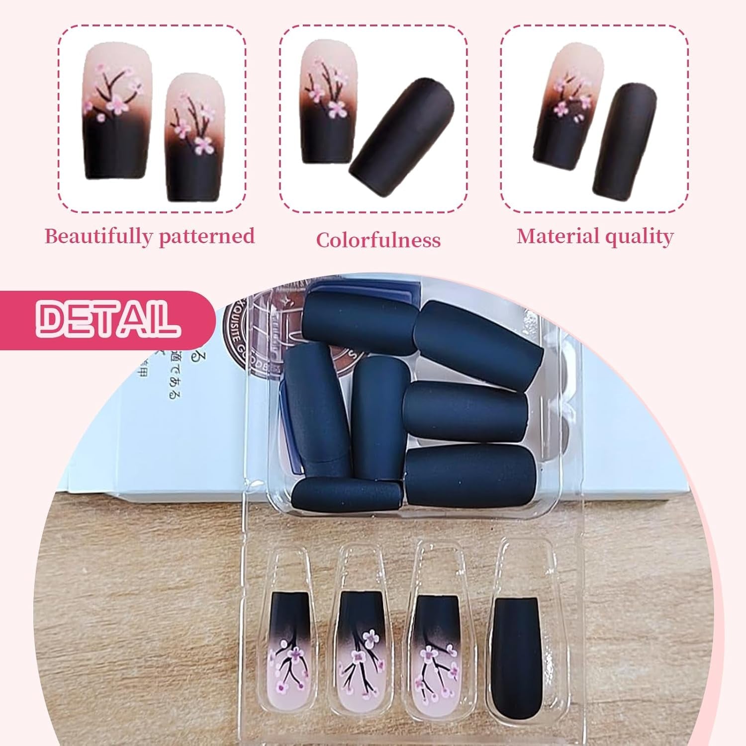 24 stk Autumn Black French Press Negle Pink Flower Lange negle lim på falske negle Autumn falske negle sæt med tilbehør