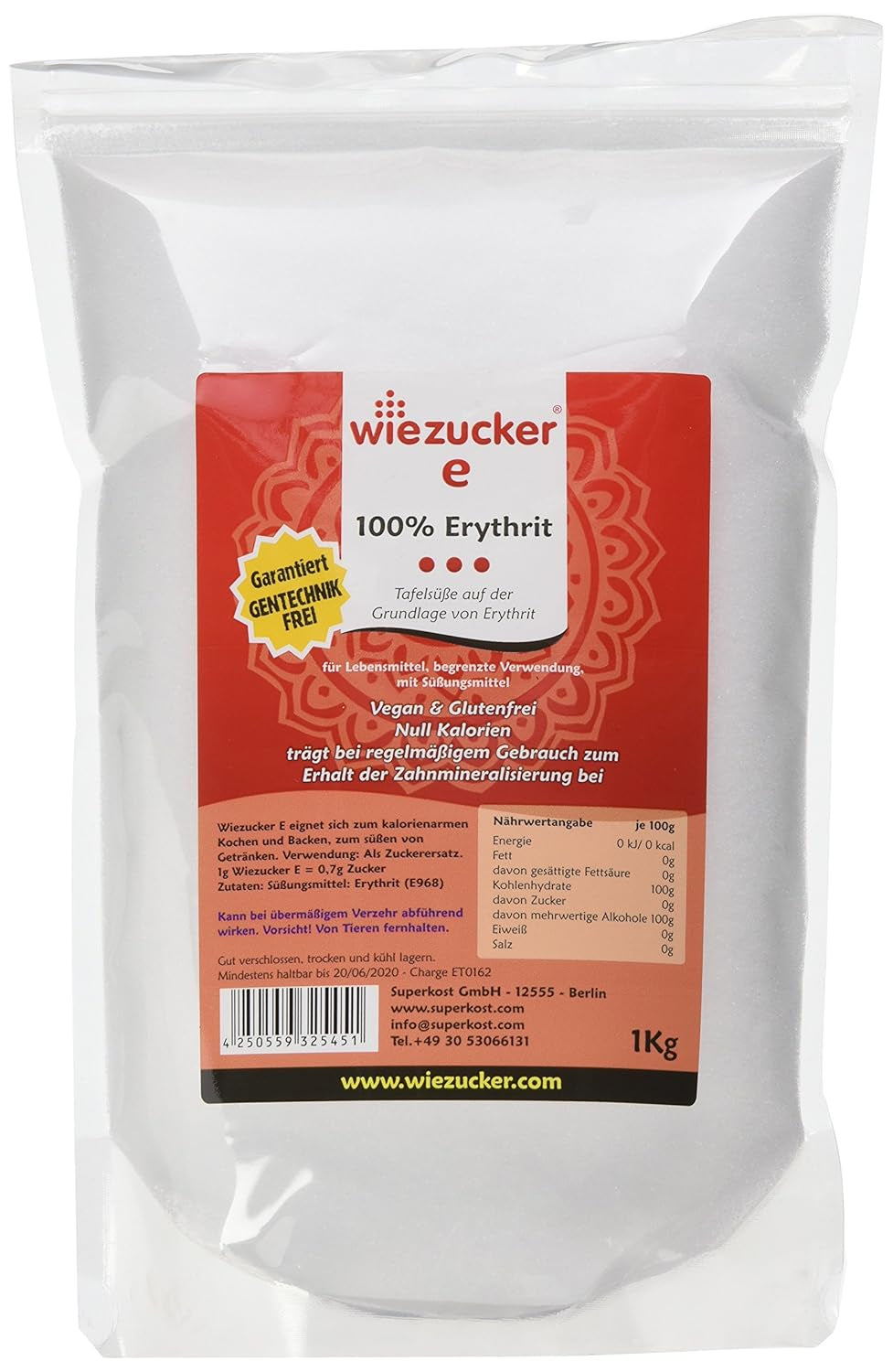 Erythritol, 1Er pakke (1 X 1 kg) 1000 gram sødemidler Naty Shop Single