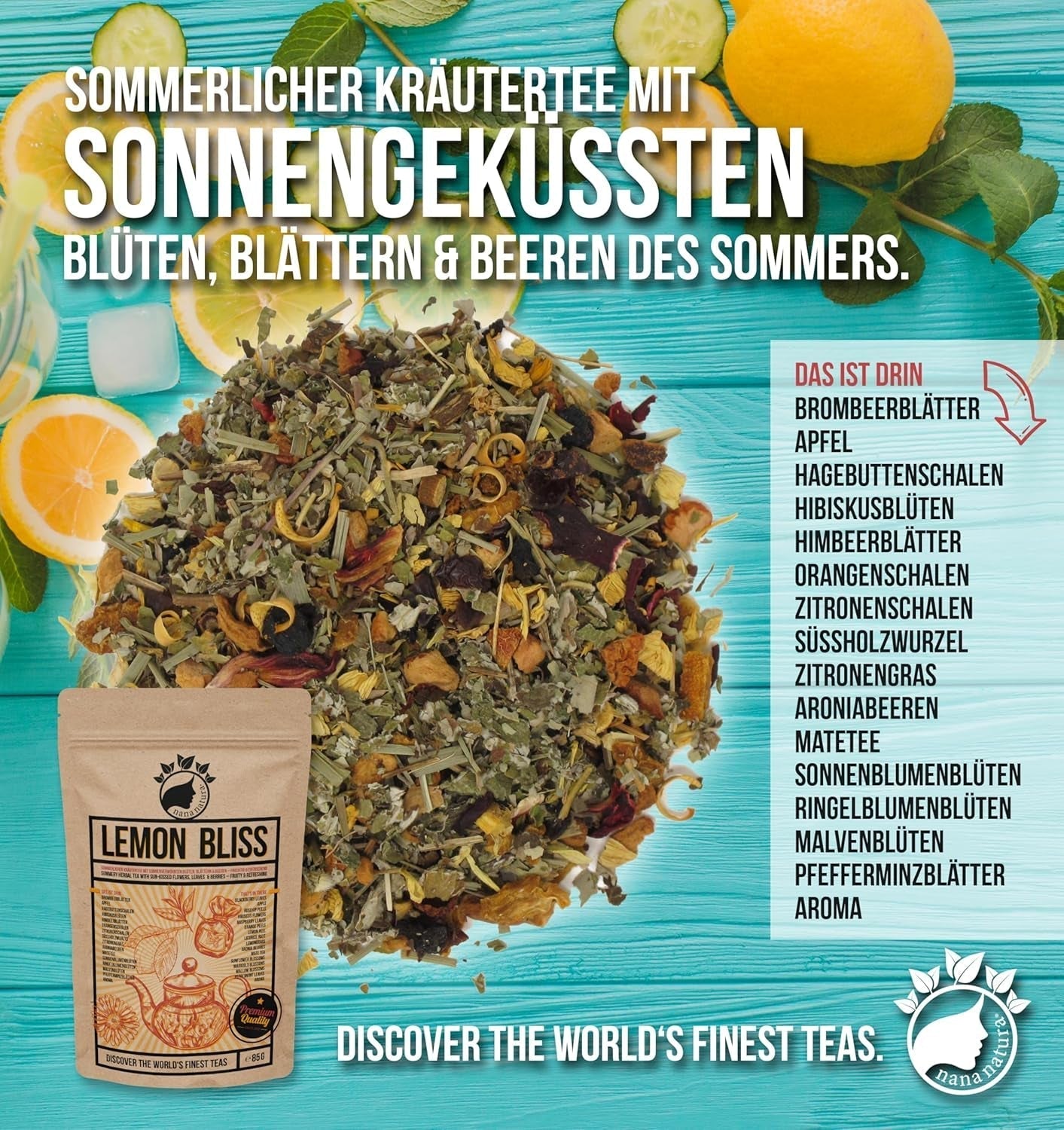 Nananatura'S Original LEMON BLISS TEA 85G | Frugtagtig og forfriskende sommerurtete | Som kold te, iste eller klassisk varm | Med blomster, blade og solmodne bær | Intet sukker