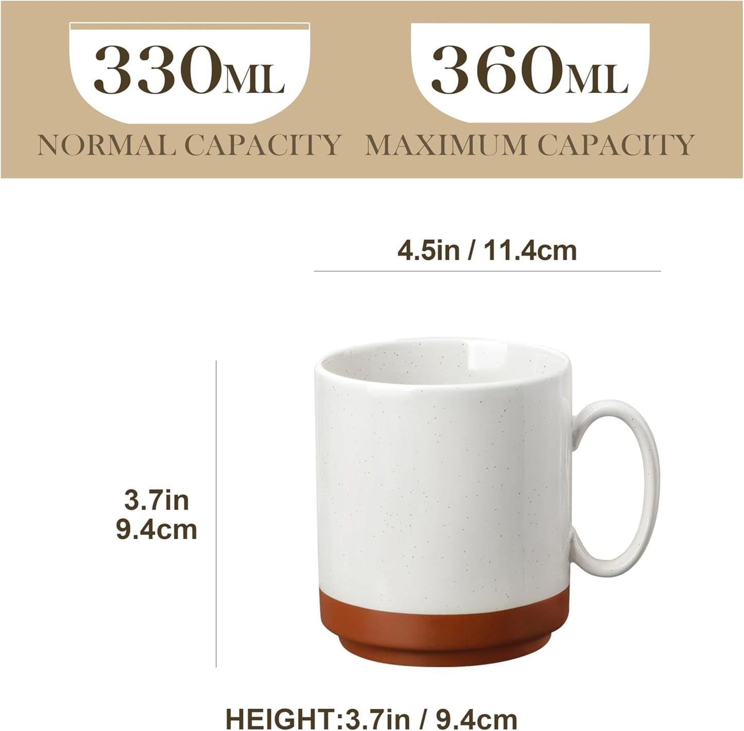 MALACASA kaffekrussæt, 350 ml krussæt i stentøj til 4 personer, moderne kaffekrus til te, juice, latte, cappuccino, varm chokolade. Tåler opvaskemaskine og mikroovn, TARA-serien, khaki hvid