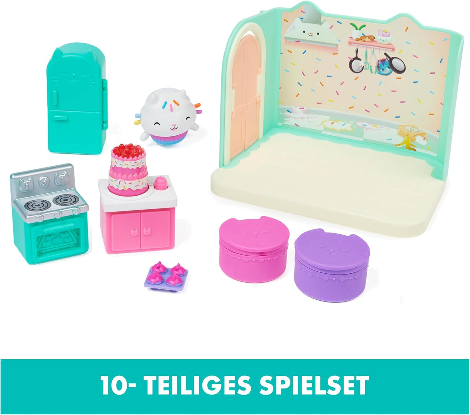 GABBY'S DREAMWORKS DOLLS HOUSE - Deluxe Room, Cakey Confectionery, Kuchi Kitchen (rumænsk: Cakey), 3 møbler og 2 overraskelsesæsker med tilbehør, velegnet til børn fra 3 år og derover