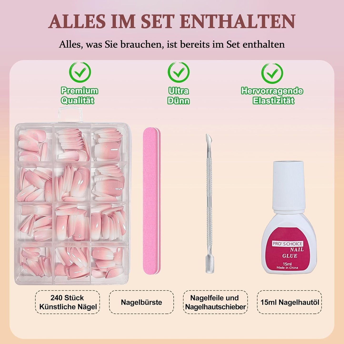 Ballerina falske neglesæt - 240 stykker Delikat lilla pink falske negle, fulddækkende lim på falske negle, falske neglespidssæt til manicure og neglekunst til kvinder og piger (lavendelrosa)