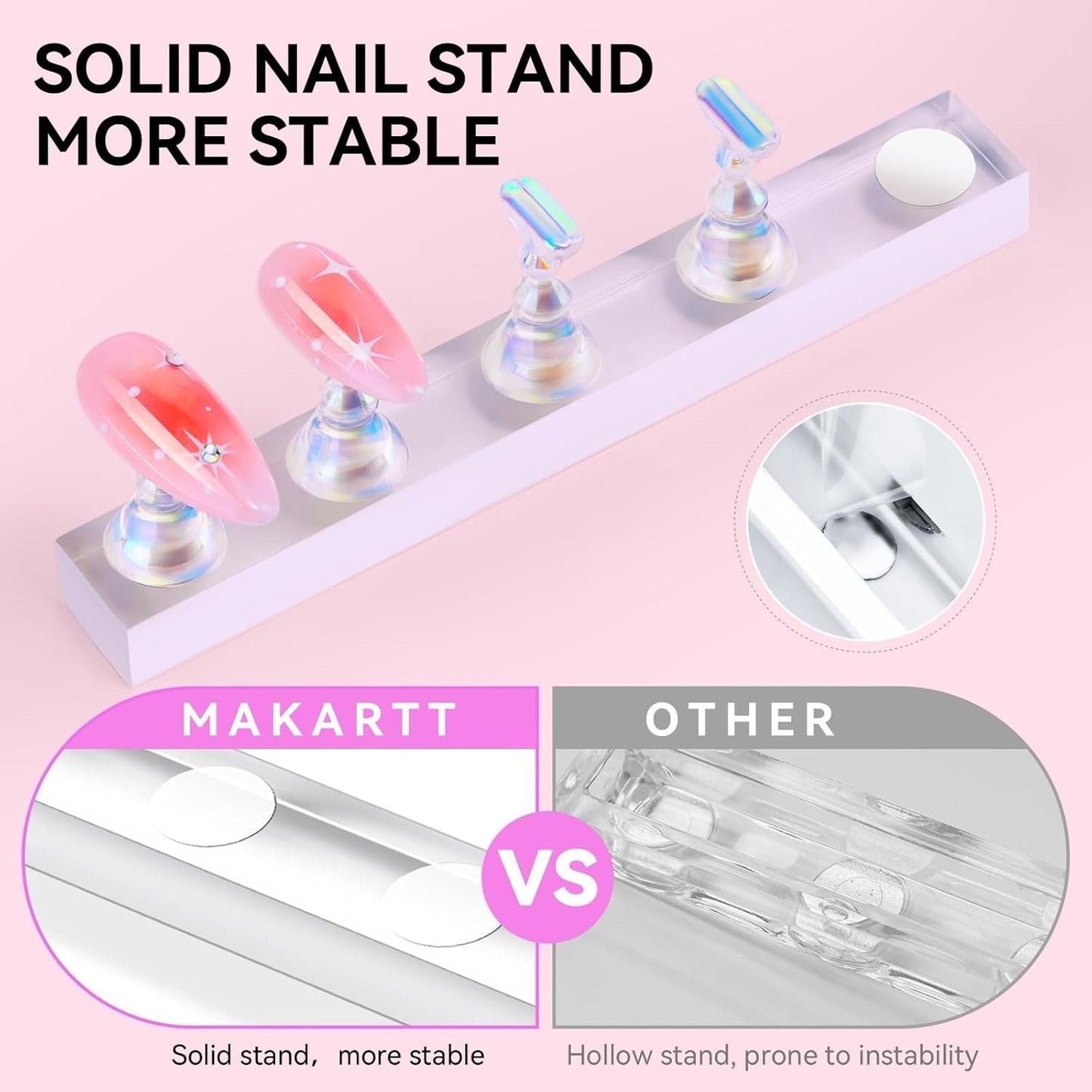 Makartt Akryl negleholder, magnetisk negleholder, negleholder, transparent pink negleholder med 48 klæbende kit