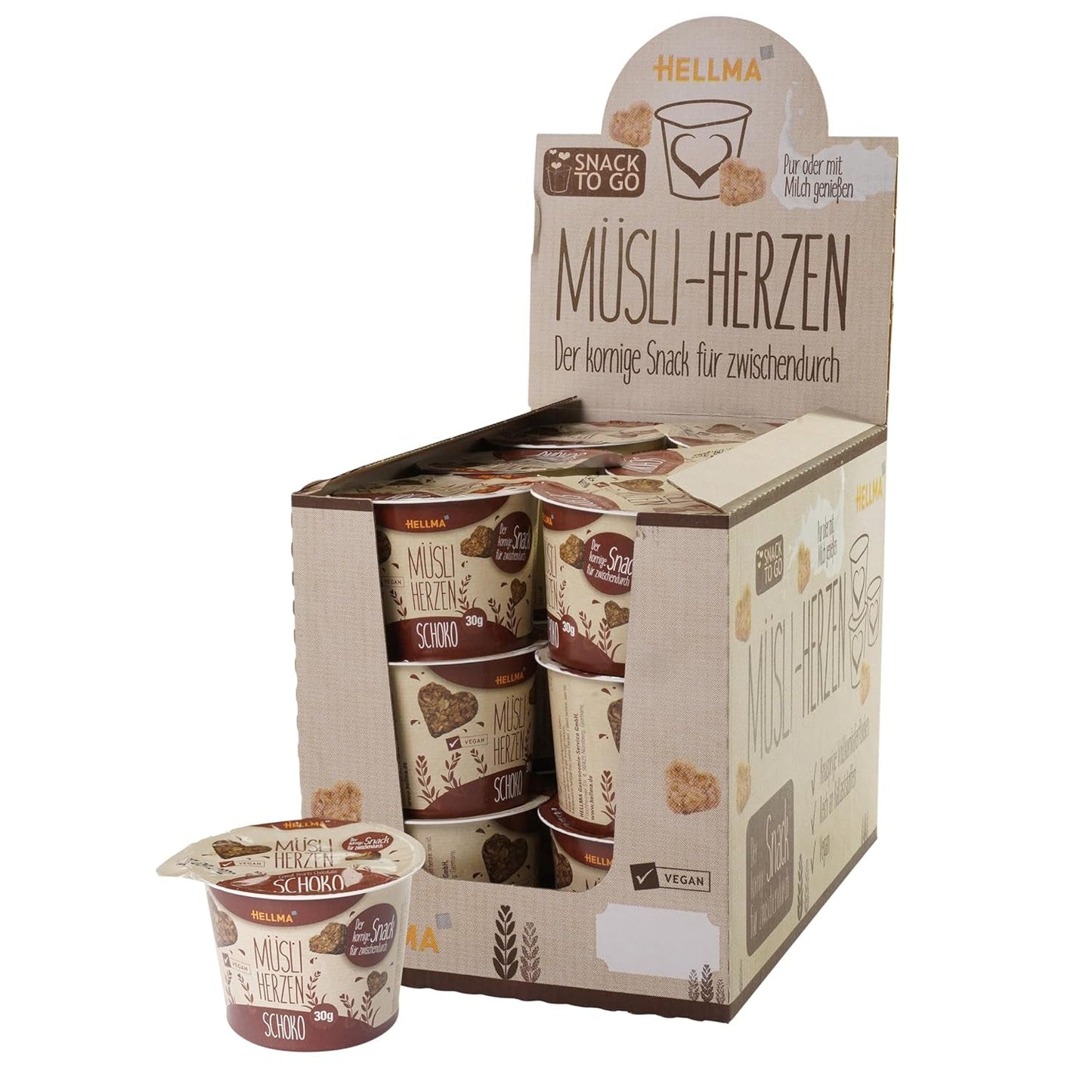 HELLMA Hjerter med müsli og chokolade - 18 portioner, 30 g hver - Havregryn overtrukket med chokolade i form af et hjerte, takeaway kopper