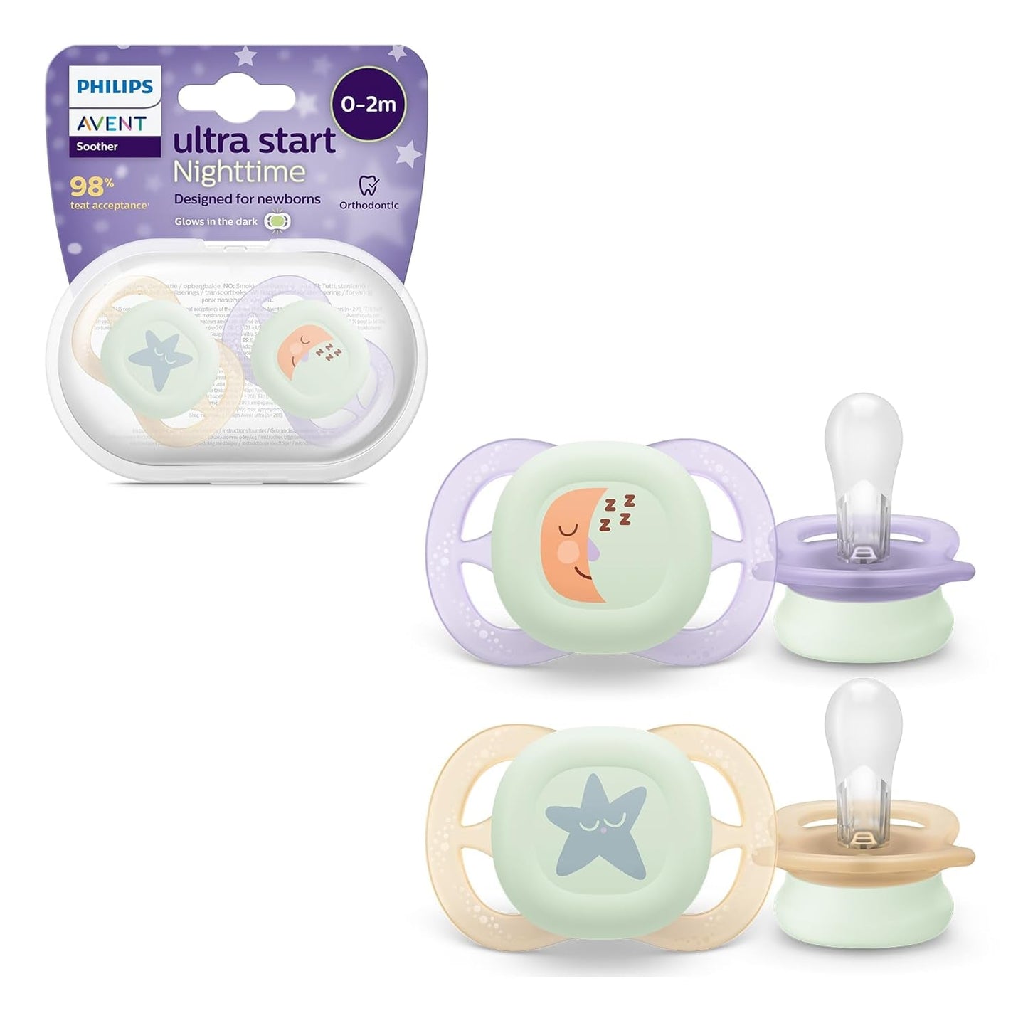 Philips AVENT Ultra Start natsut, ortodontisk sut til nyfødte, Glow in the Dark, BPA-fri, med steriliseringsbeholder, Twin Pack, Moon, Star, SCF075/07