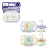 Philips AVENT Ultra Start natsut, ortodontisk sut til nyfødte, Glow in the Dark, BPA-fri, med steriliseringsbeholder, Twin Pack, Moon, Star, SCF075/07