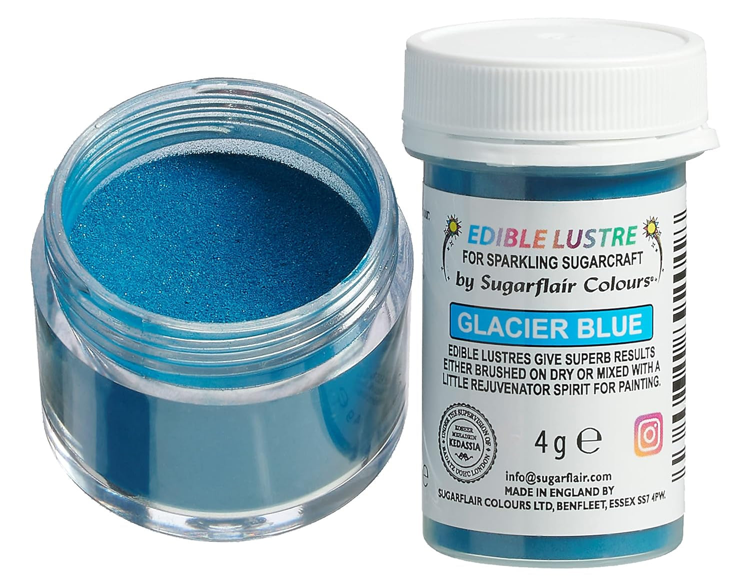 Sugarflair Luster spiselig madfarve, gletsjerblå - spiseligt glanspulver til kager, muffins, chokolade, kager, desserter, is, drikkevarer, cocktails og mere - 4g
