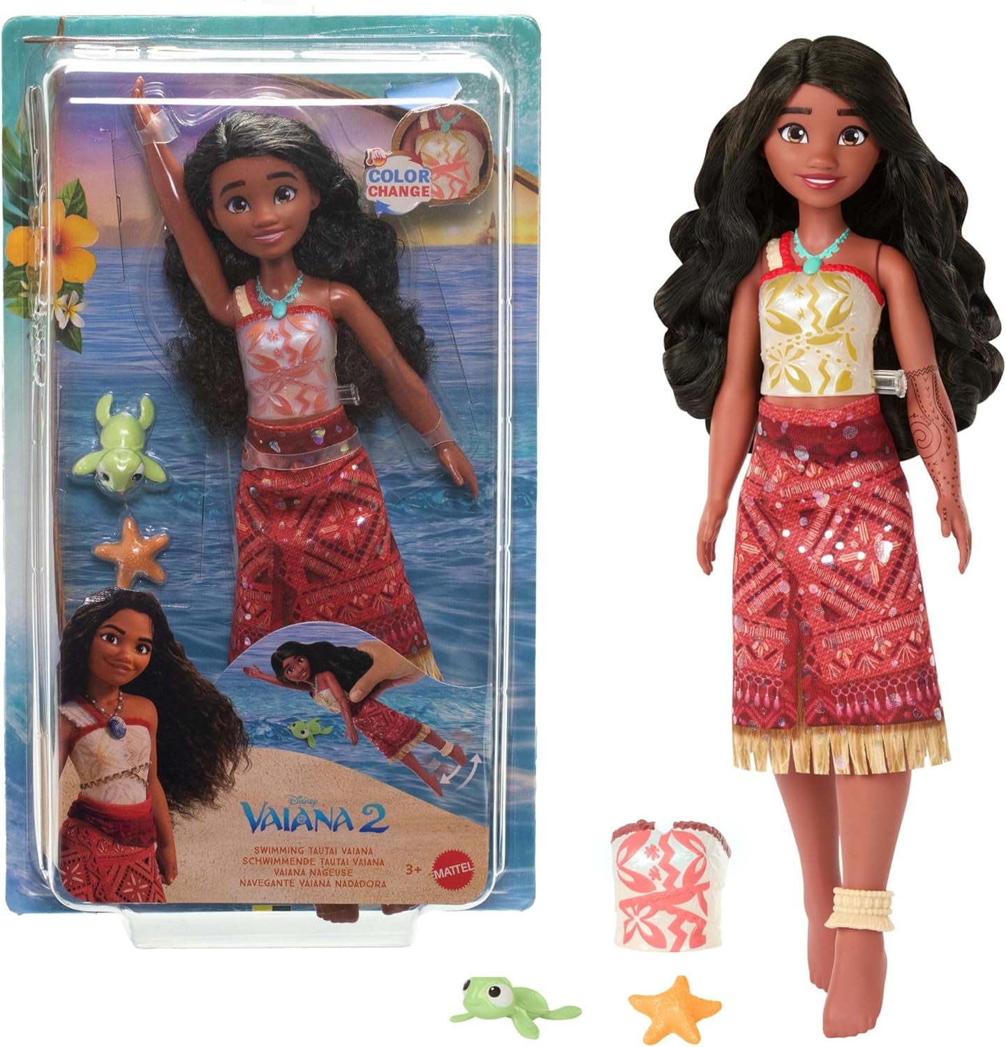 Mattel Toys Disney Moana 2 Tautai Moana Svømmemodedukke med 2 tilbehør, farveskiftende top og ben til svømmebevægelser Film inspireret JFF09