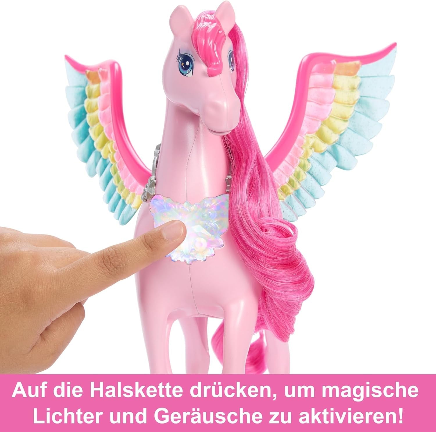 Barbie Pegasus Magic Hide and Seek - Interaktivt legetøj med lys og lyde, 10 tilbehør, regnbuevinger, til alderen 3 og op, HLC41