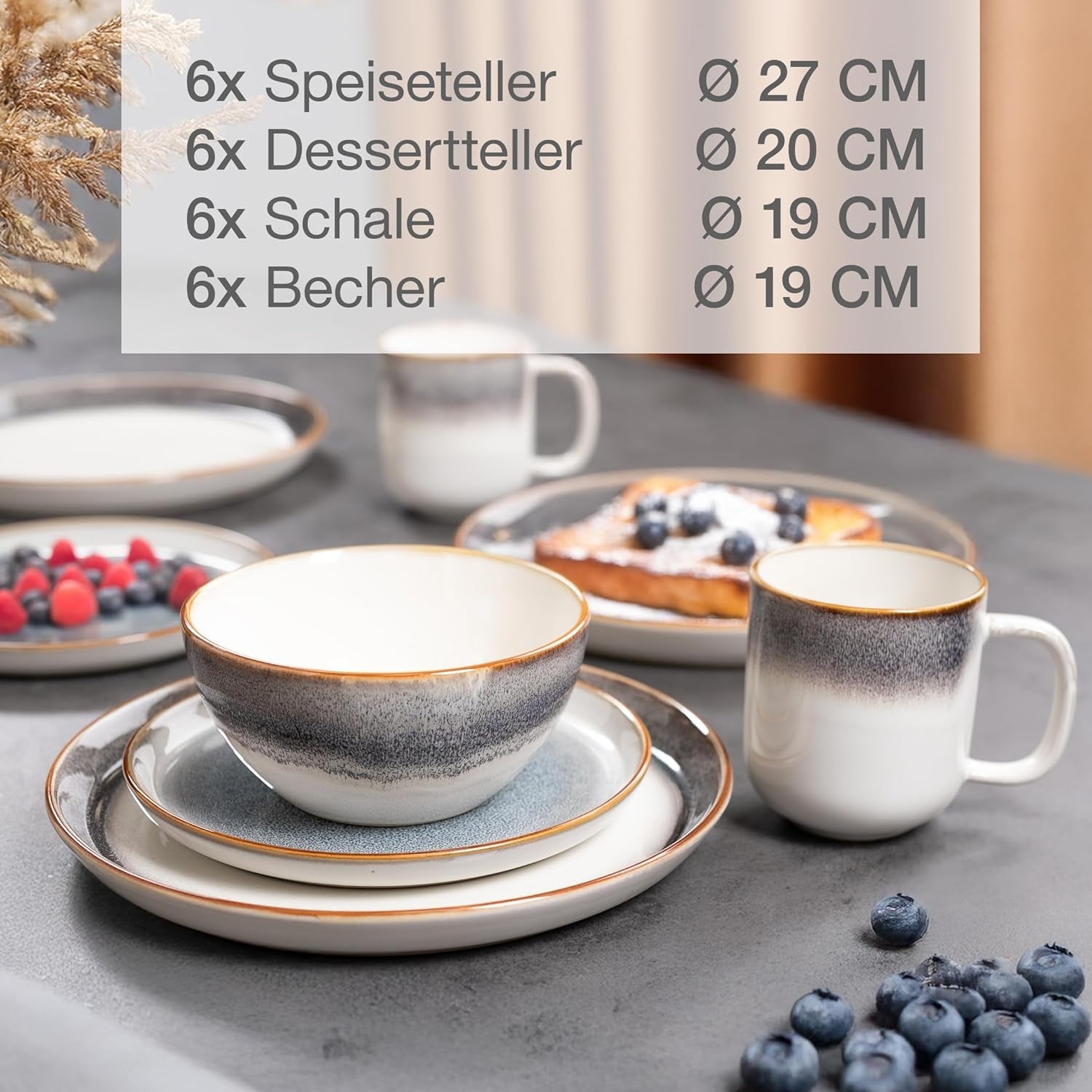 Moritz & Moritz TARENTO 24-delt servisesæt til 6, grå - Elegant højkvalitetstallerkensæt i stentøj - Spisestellet indeholder 6 middagstallerkener, 6 desserttallerkener, 6 middagstallerkener og 6 kopper