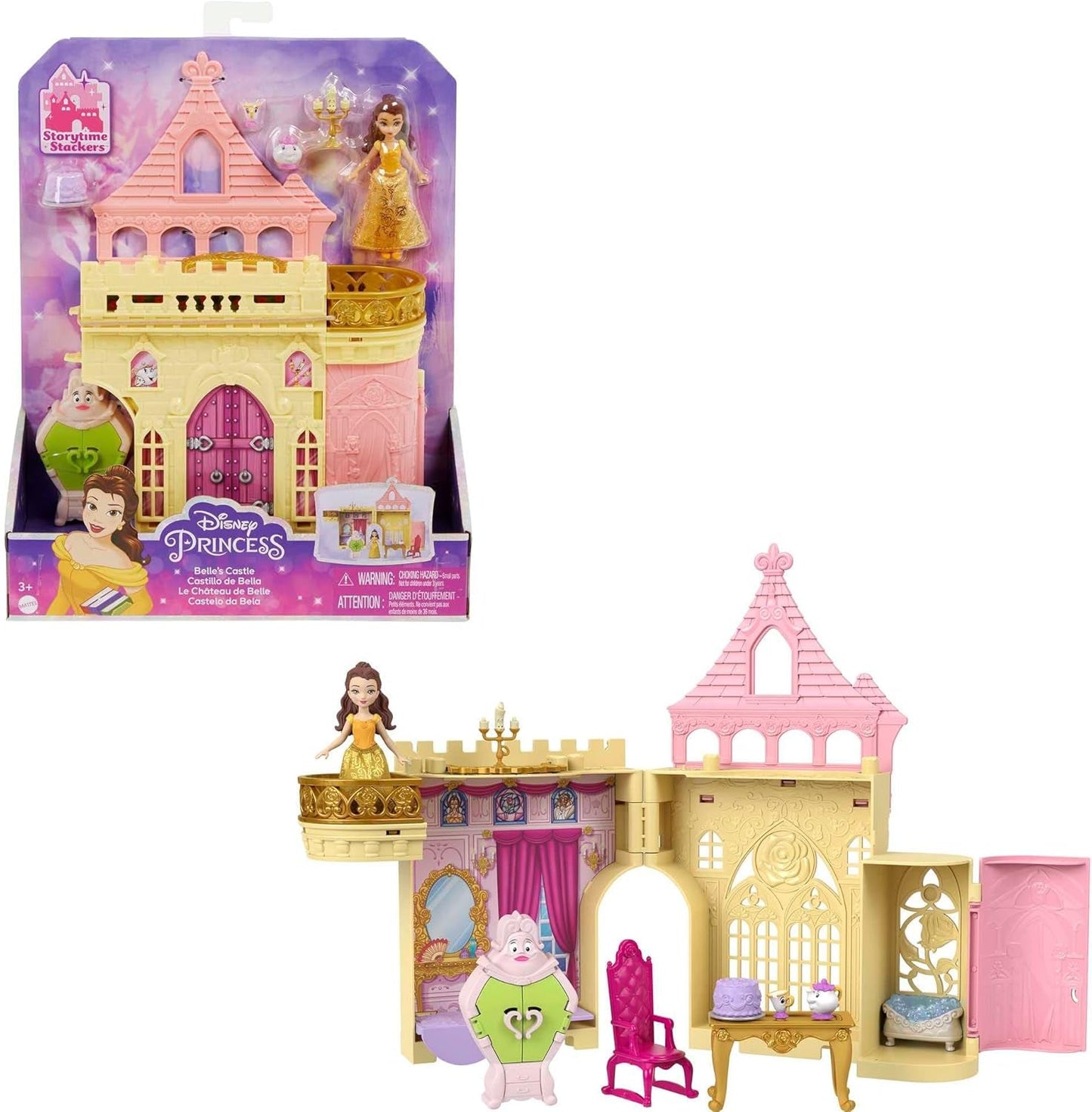 Mattel Disney Princess forvandler legesæt vogn til slot med lille nordlysdukke, 3 niveauer, 6 legeområder, 4 figurer, møbler og tilbehør HWX17 Dolls Naty Shop Belle Legesæt