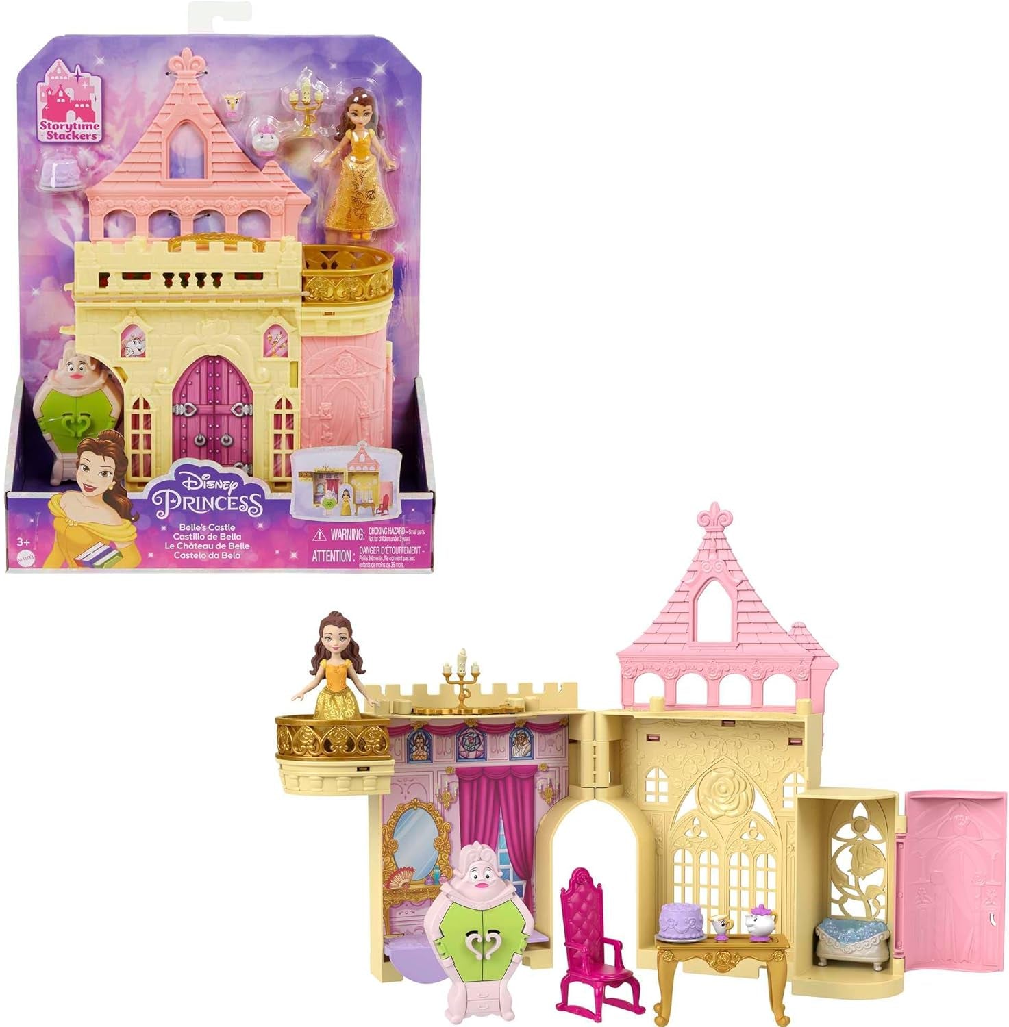 Mattel Disney Princess forvandler legesæt vogn til slot med lille nordlysdukke, 3 niveauer, 6 legeområder, 4 figurer, møbler og tilbehør HWX17 Dolls Naty Shop Belle Legesæt
