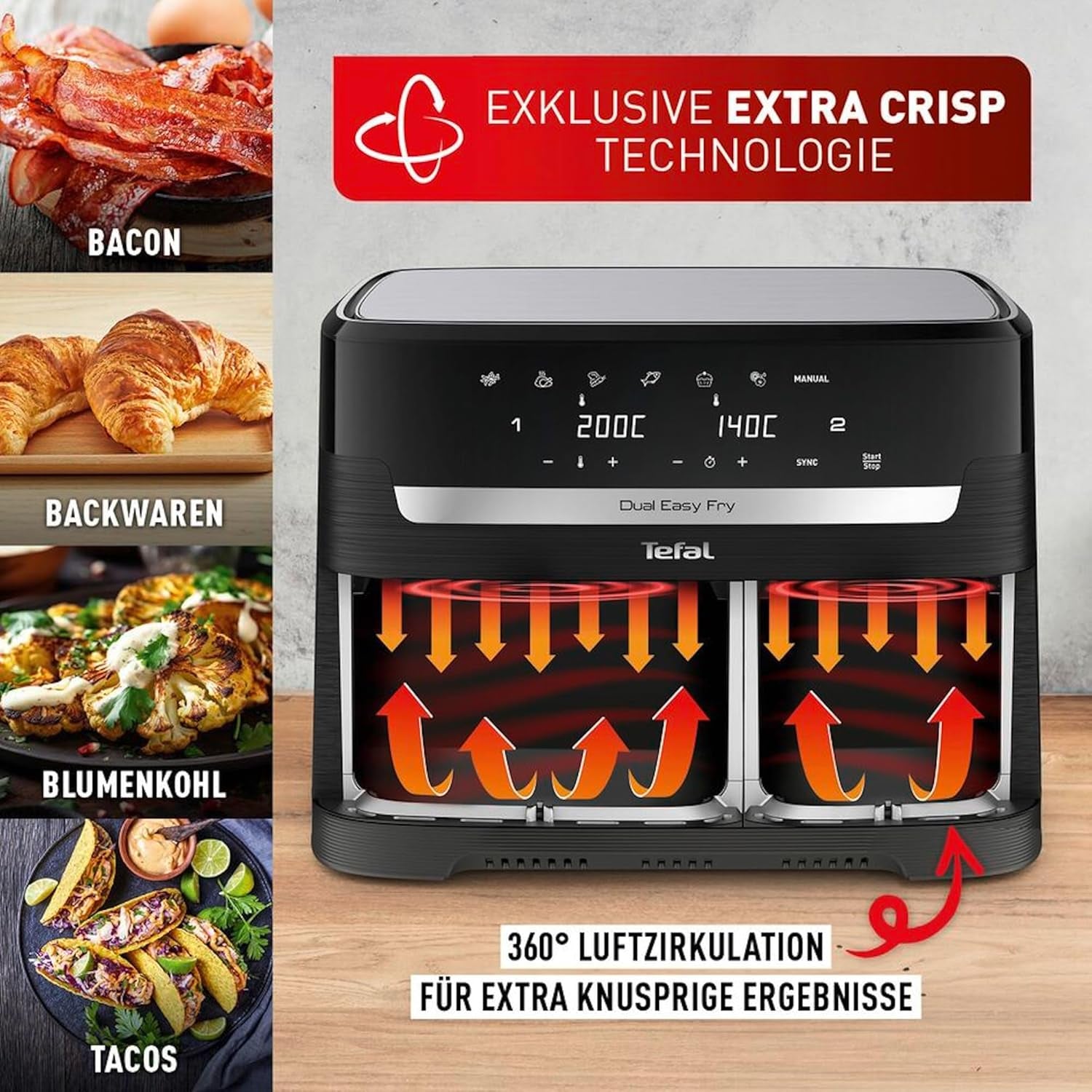 Tefal Dual Easy Fry Hot Air Fryer med to kamre, 5,2/3,1 liters kapacitet, to uafhængige skuffer, 7 programmer Hvidevarer Naty Shop