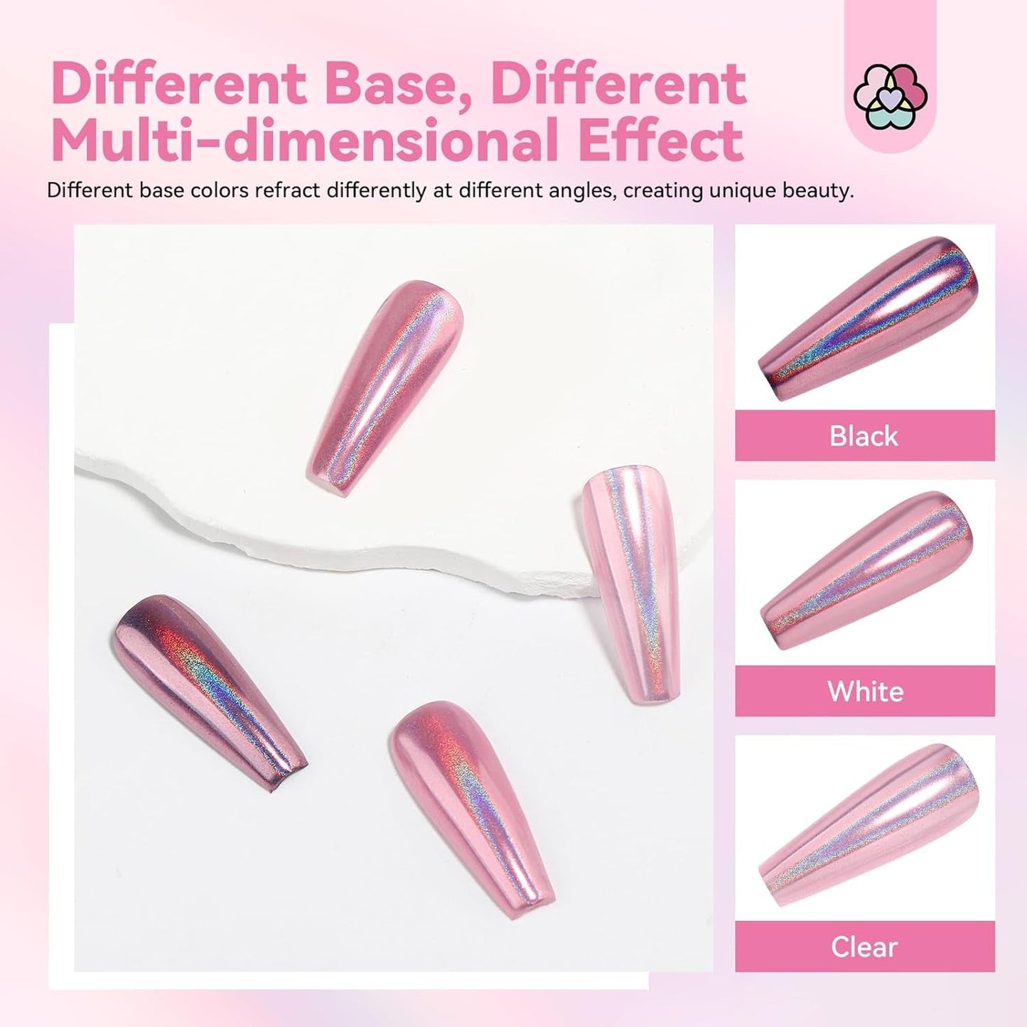 Saviland krom neglepulversæt - Pink Laser krom neglepulver spejleffekt Laser neglekunst, negleglimmer manicure dekorativt pulver med svampestænger, negleglitterpulver neglesalon