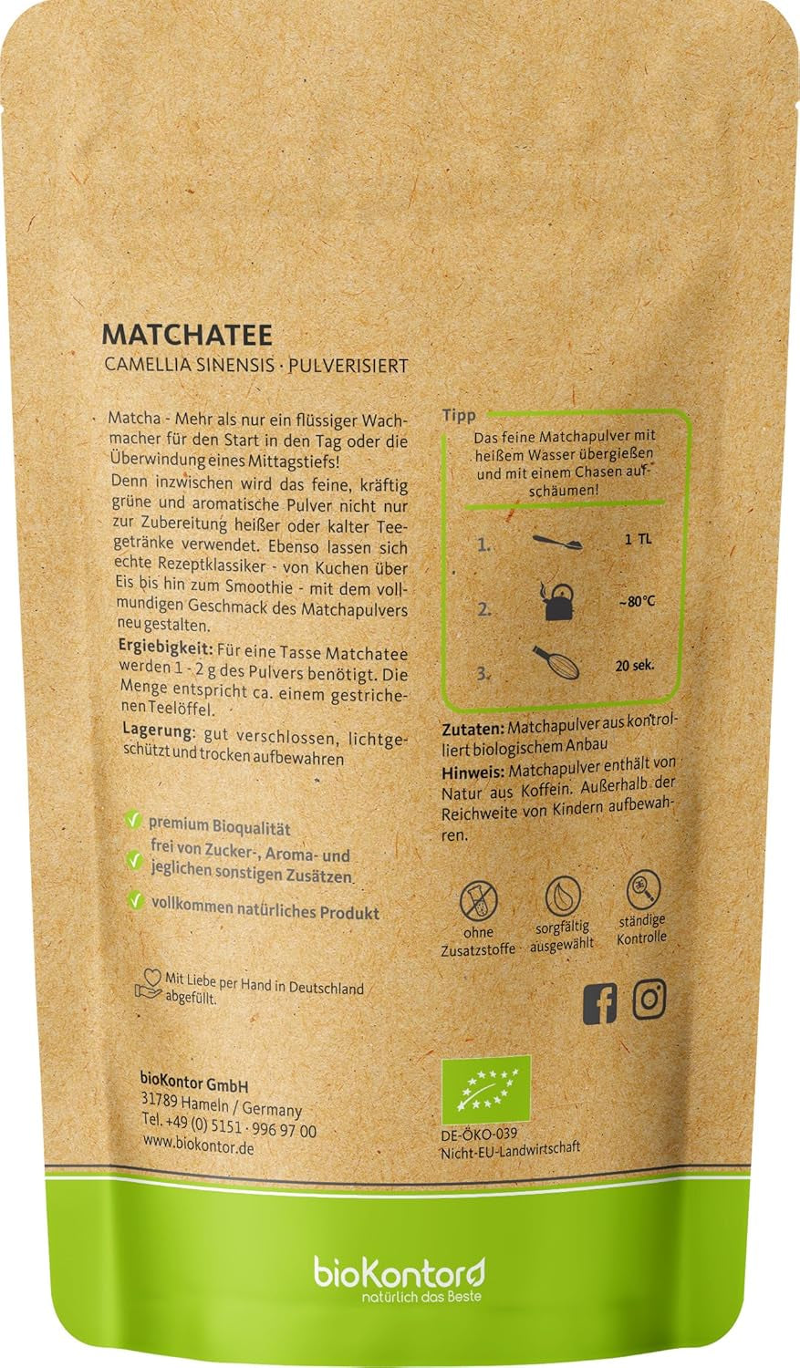 BIO Matcha pulver 100 g I Ingen tilsætningsstoffer - 100% naturlig I Premium japansk Matcha te I Grøn te pulver fra