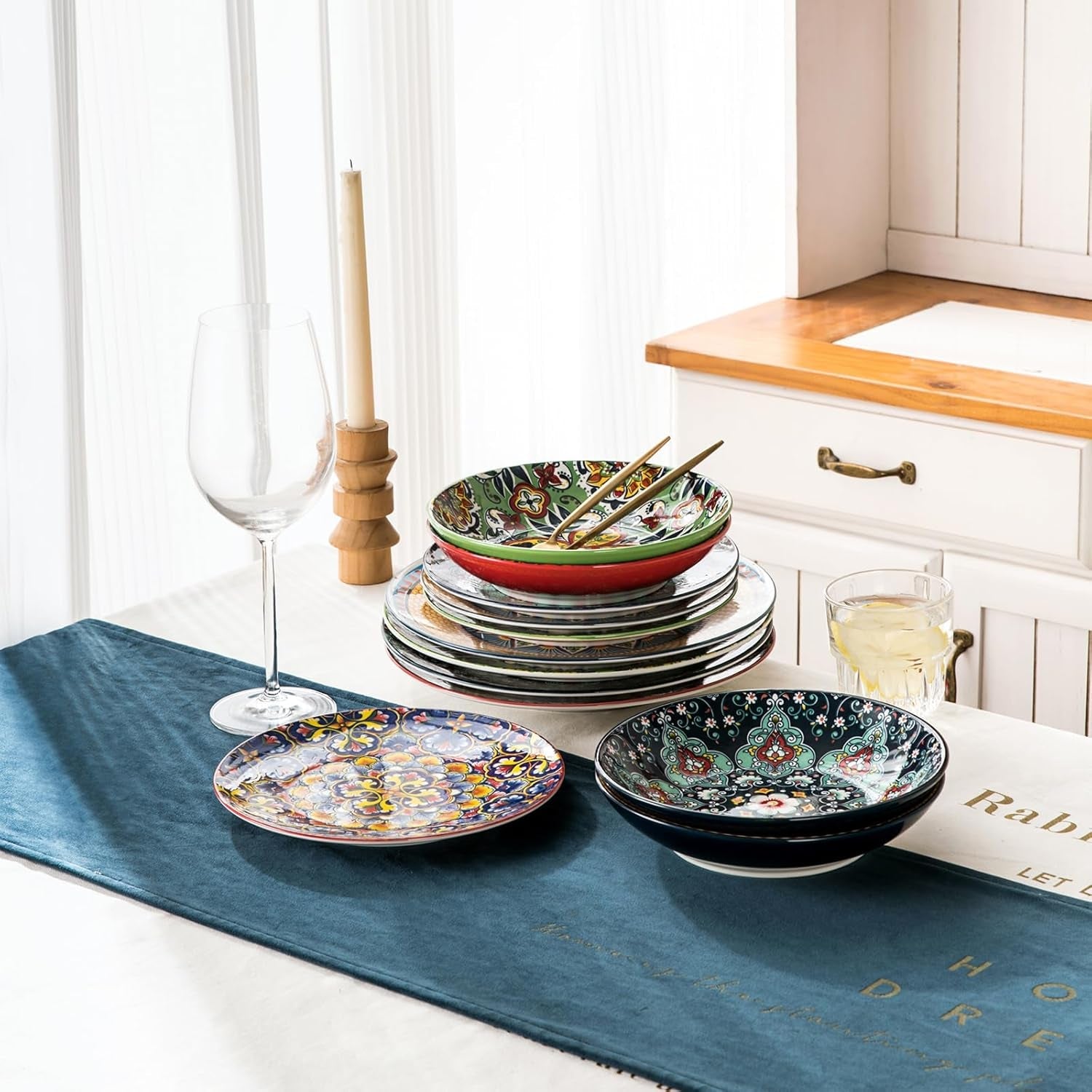 HENXFEN BLY Porcelænsservisesæt, 12-delt porcelænsstel til 4, farverigt porcelænsstel til 4 - Håndmalede tallerkener, Desserttallerkener, Suppetallerken - Bohemian Style