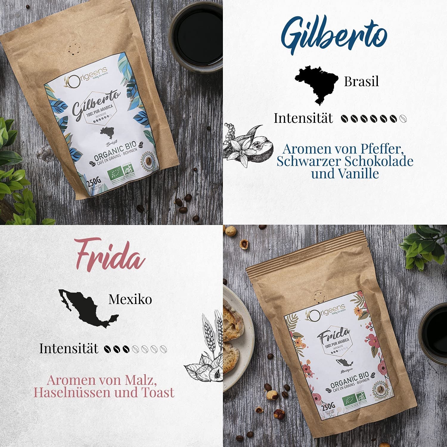 ORIGEENS Bio Kaffeebohnen Probierset 1kg | Premium Bio Arabica Kaffee Ganze Bohnen Sæt 4x250g | Traditionel Röstung | Kaffe Geschenkset