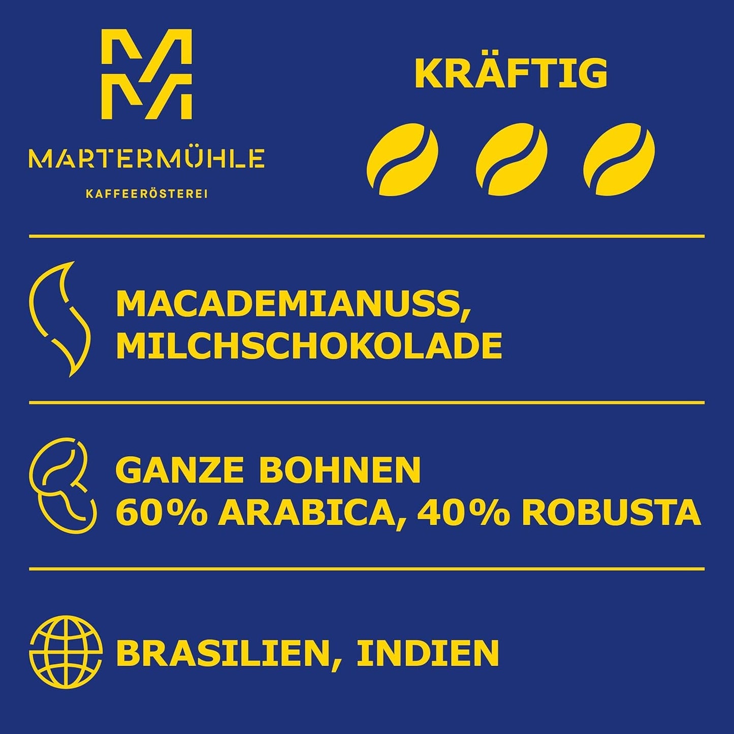 Espressobønner Martermühle Cioccolato 500g Stærk | Arabica/Robusta | Smag: Macadamianødder, mælkechokolade | Let ristede hele espressobønner, lav syre