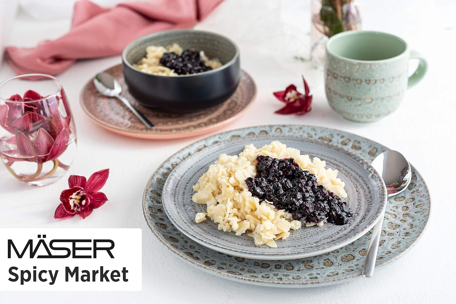 MÄSER 931744 Spicy Market Series, håndmalet porcelænssæt til 4 i vintage middelhavsdesign, 16-delt keramisk kombinationssæt, grønt, stentøj