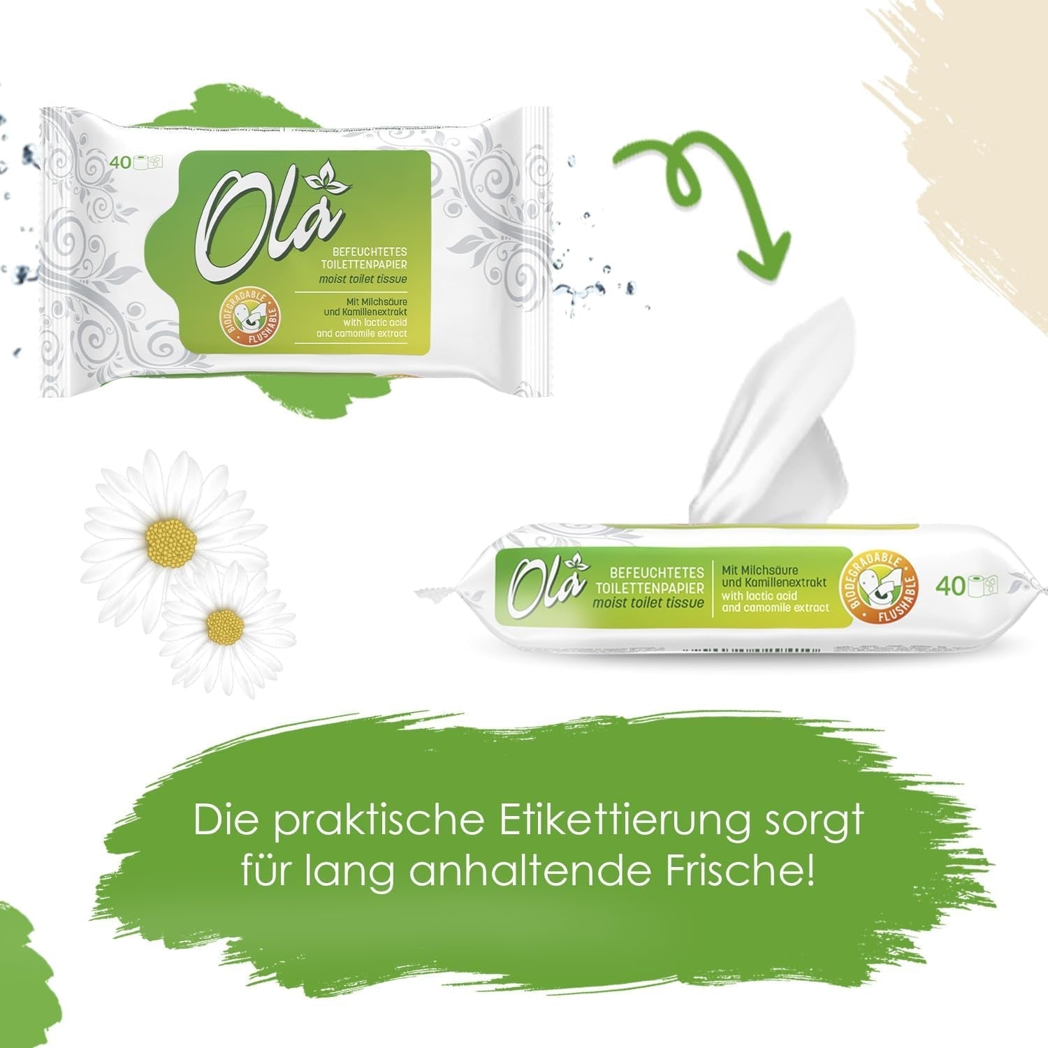 OLA vådt toiletpapir - (1X40 stk.) Vådservietter - kamilleekstrakt og mælkesyre, vaskbar, følsom hud - 40 stk.