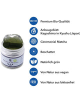 Premium økologisk Matcha fra Japan, ceremoniel kvalitet, pesticidfri, ekstra fint pulver i 30 g æske, intens og delikat smag af grøn te, velegnet til latte, smoothie, ceremoniel kvalitet