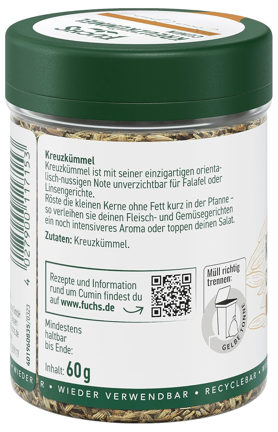 Fuchs Gewürze - Kreuzkümmel ganz - orientalisch-nussige Note für Falafel und Linsengerichte - naturlige ingredienser - 60 g i wiederverwendbarer, genbrugsbarer Dosis