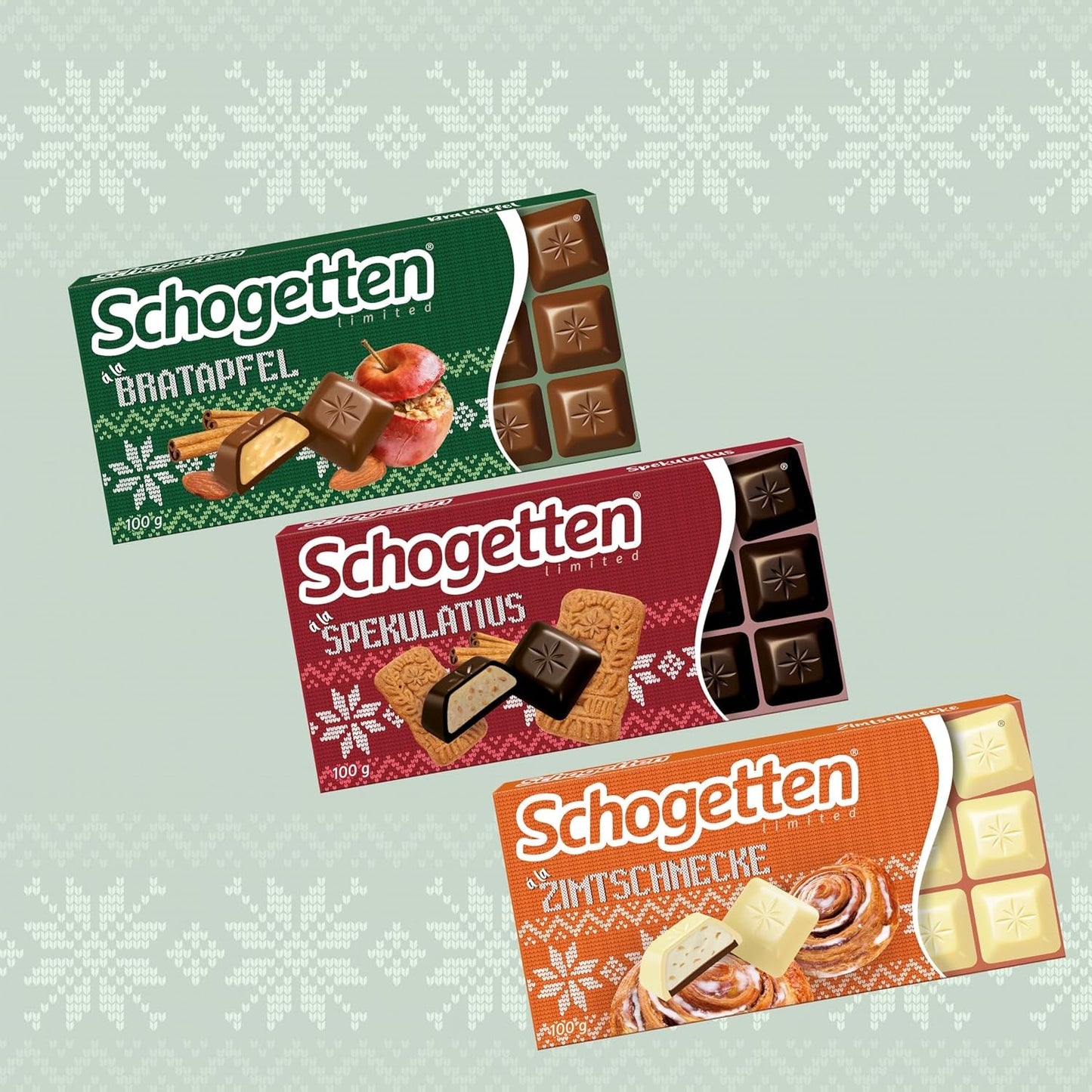 Schogetten Vinterudgave med modne æbler I Chokoladebar 100g I med mælkechokolade og i praktiske individuelle stykker
