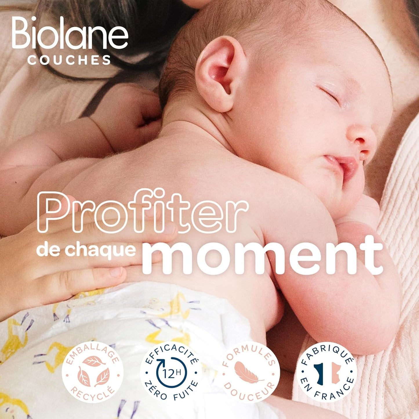BIOLANE - Korte bleer - Størrelse 5 (12-18 kg) - 12 timers tæthed - 1 måneds pakke - 120 bleer - økologisk