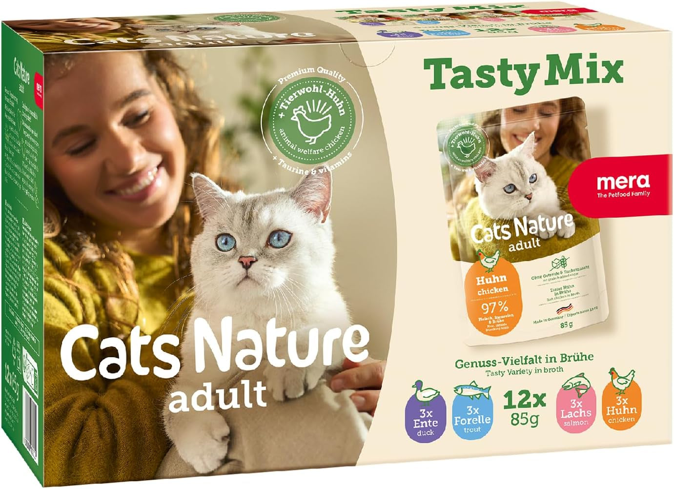 MERA Cats Nature Adult Tasty Mix Premium vådfoder til katte 12x85g | Sukkerfri og kornfri | Vådfoder til voksne katte med højt kødindhold | Økonomipakke