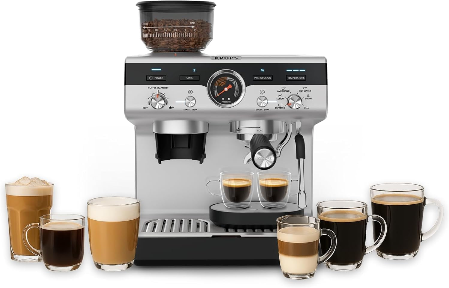 Krups Precision manuel espressomaskine med portafilter og kværn, barista kaffemaskine med intuitivt kontrolpanel, præ-infusionsindstillinger, espressomaskine med dampmundstykke, hurtig opvarmning, XP801T10