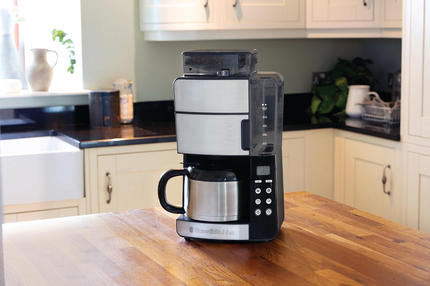 Russell Hobbs kaffemaskine med kværn og termisk karaffel [Digital timer, brusehoved for optimal udsugning og aroma] Grind&Brew (1-10 kopper, 3 maleindstillinger) Filterkaffemaskine 25620-56