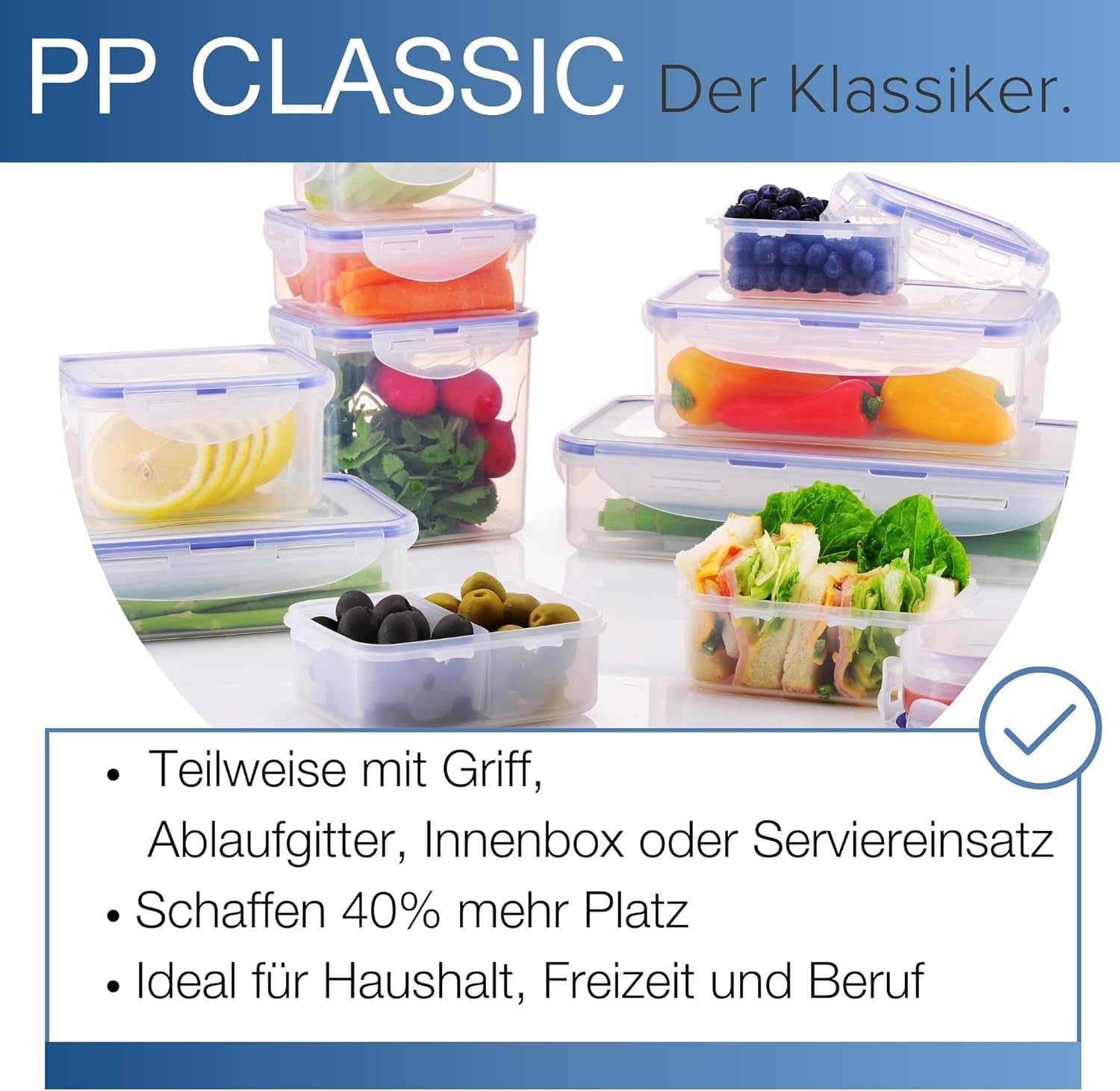 LocknLock PP Klassisk madopbevaringskrukkesæt 5 stk | 180ml, 350ml, 600ml, 870ml, 3,6L | 100% luft- og vandtæt | uden BPA | fryser og køleskabsarrangør | Tåler opvaskemaskine og mikroovn Naty Shop madopbevaringsbokse