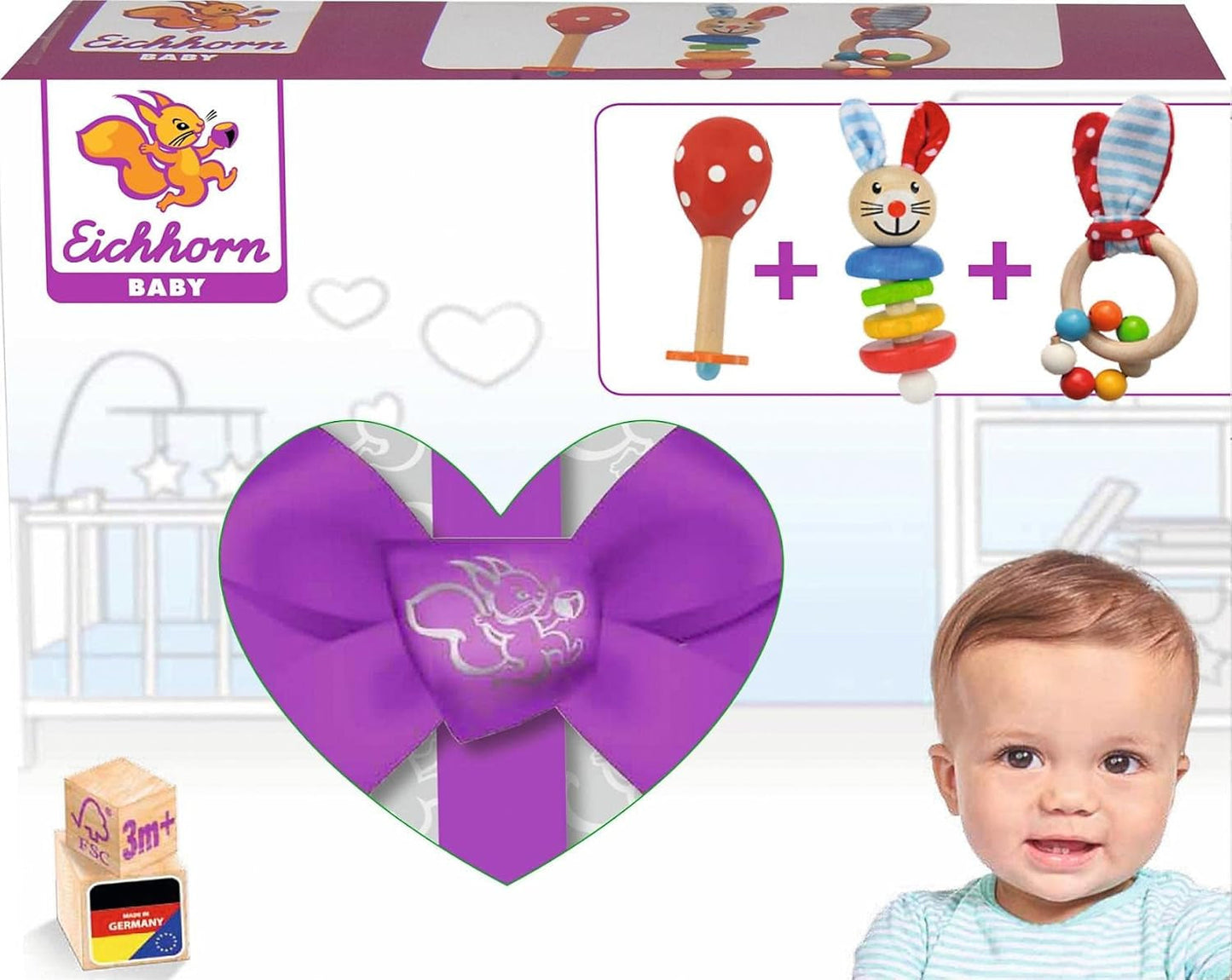 Eichhorn 100017045 - Babystarter/gavesæt med maraca, legetøj med lyd og legetøj med kaninmønster, 3 stk, fra 3 måneder Legetøj Bebe Naty Shop