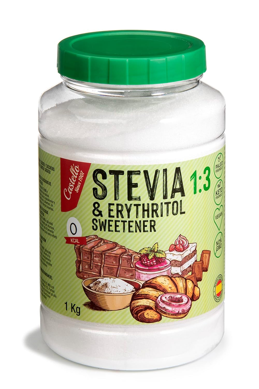 Stevia + Erythritol 1:3 Süßstoff | 1G = 3G Zucker | 100% Natürlicher Zuckerersatz - 0 Kalorien - 0 Glykämischer Index - Keto Und Paleo - 0 Netto-Kohlenhydrat - Kein GVO - Castello siden 1907-1 Kg Sweeteners Naty Shop Standardtitel