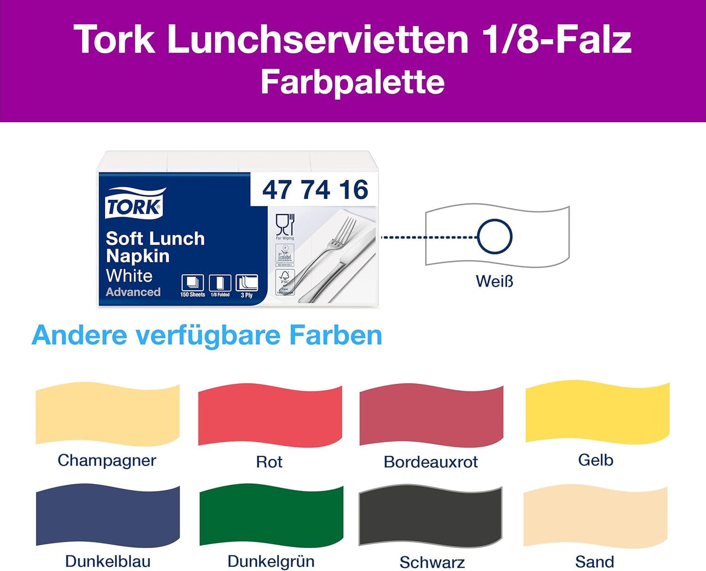 Tork blød frokostserviet hvid, 1/8 fold, 3 lag, 33 cm × 33 cm, 150 servietter, 477416