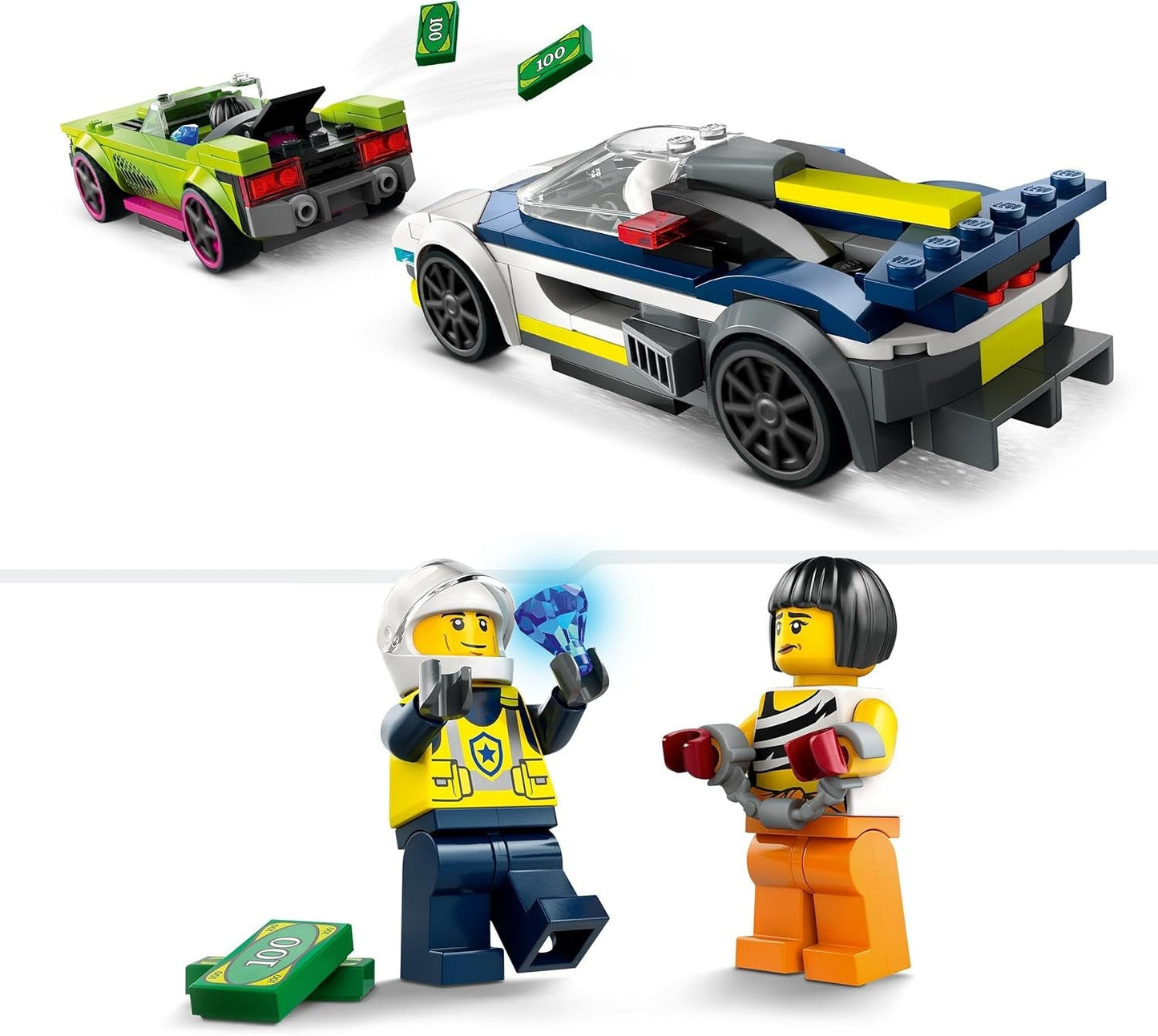LEGO City Car Chase med politibil og muskelvogn, legetøjstog med 2 racerbiler, politigave til børn, drenge og piger fra 6 år, sæt med politimand og minifigurer Ganovin 60415 Byggesæt Besuche den LEGO-Store