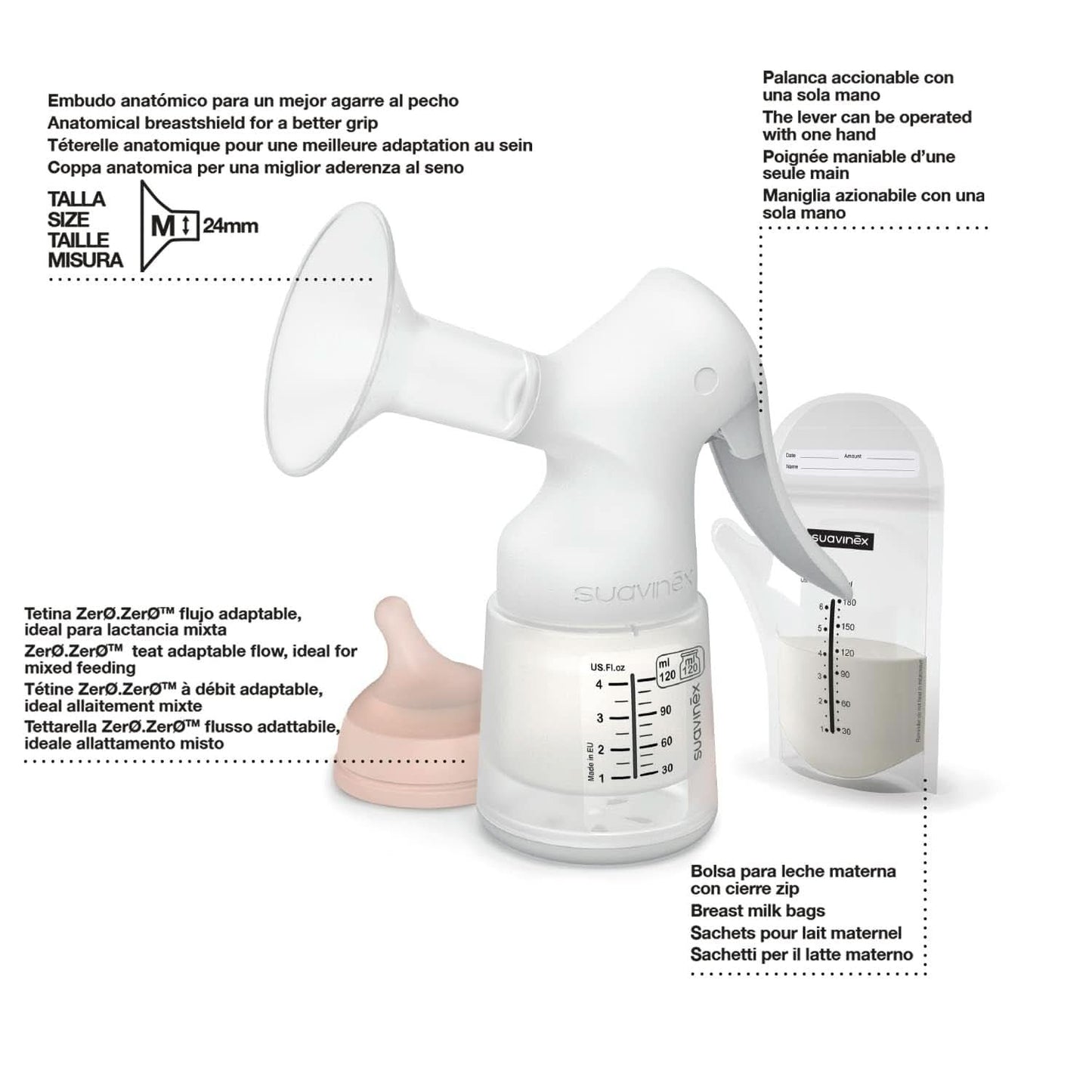 Suavinex, moderbrystpumpe, 120 ml, med justerbart flow Mad og ammetilbehør Bebe Naty Shop