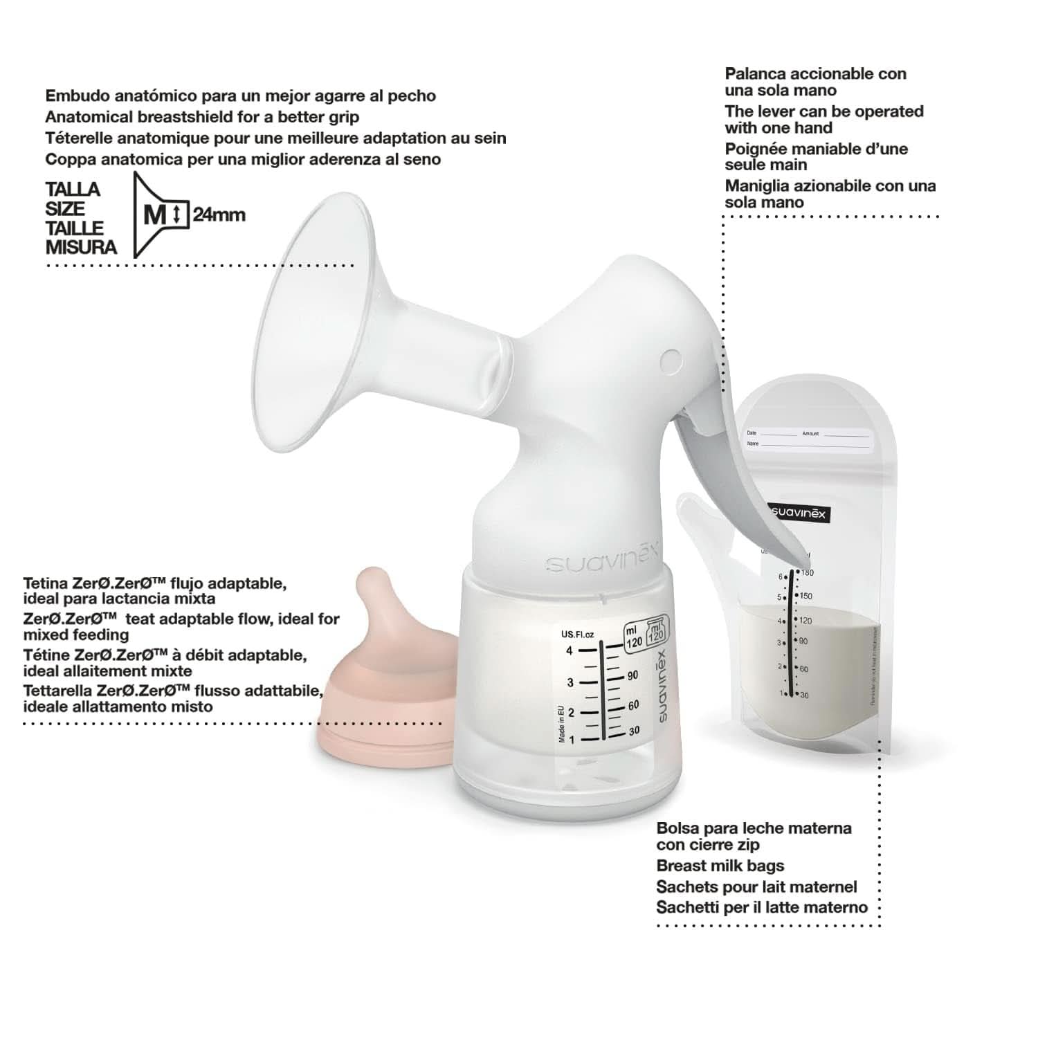 Suavinex, moderbrystpumpe, 120 ml, med justerbart flow Mad og ammetilbehør Bebe Naty Shop