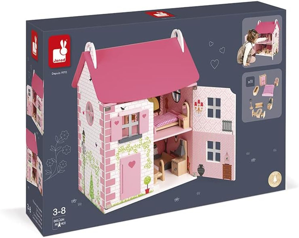 Janod - Mademoiselle dukkehus i træ, 3 etager og 11 tilbehør, kopilegetøj, udvikler fantasi, i alderen 3+, J06581, Pink Naty Shop dukkehuse