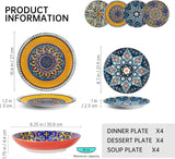 HENXFEN BLY Porcelænsservisesæt, 12-delt porcelænsstel til 4, farverigt porcelænsstel til 4 - Håndmalede tallerkener, Desserttallerkener, Suppetallerken - Bohemian Style