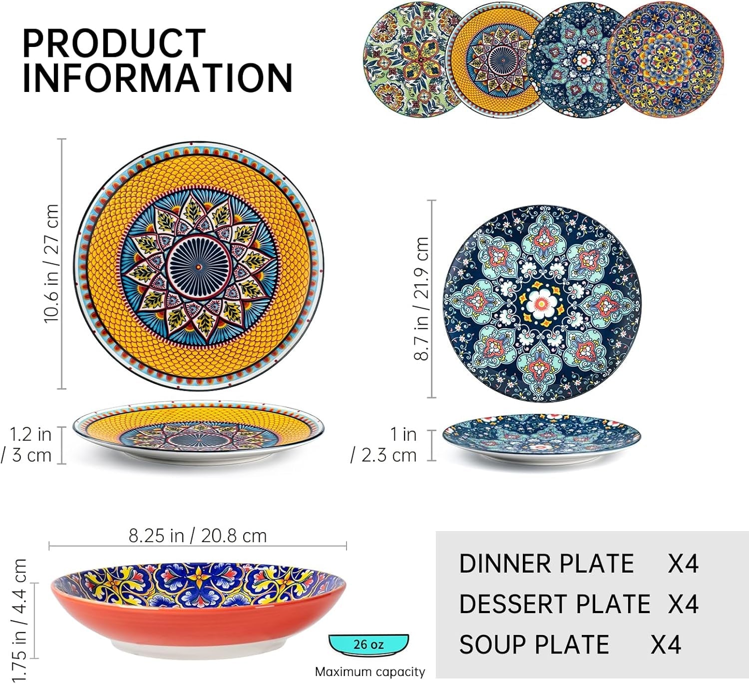 HENXFEN BLY Porcelænsservisesæt, 12-delt porcelænsstel til 4, farverigt porcelænsstel til 4 - Håndmalede tallerkener, Desserttallerkener, Suppetallerken - Bohemian Style