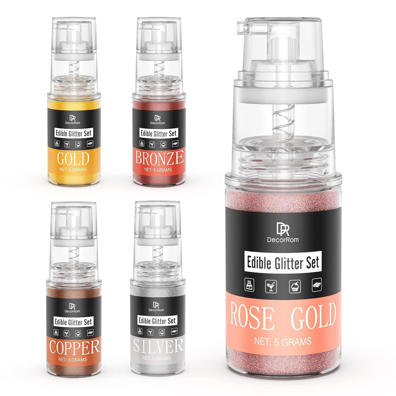 DecoRom, spiselig glitter, pudder, 10 gram Glitter Naty Shop Sæt 5 farver