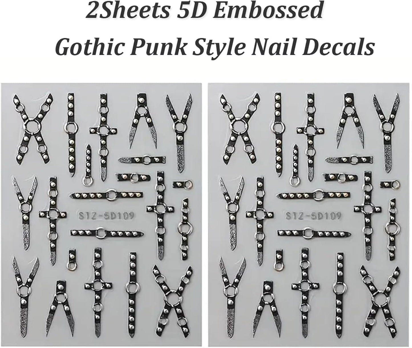 2 STK 5D præget Gothic Punk Nagelsticker, Nagel Sticker Selbstklebend Kreuz Og X-Form Halloween Nagelaufkleber, Nageldesign Tilbehør til Damen Nail Art