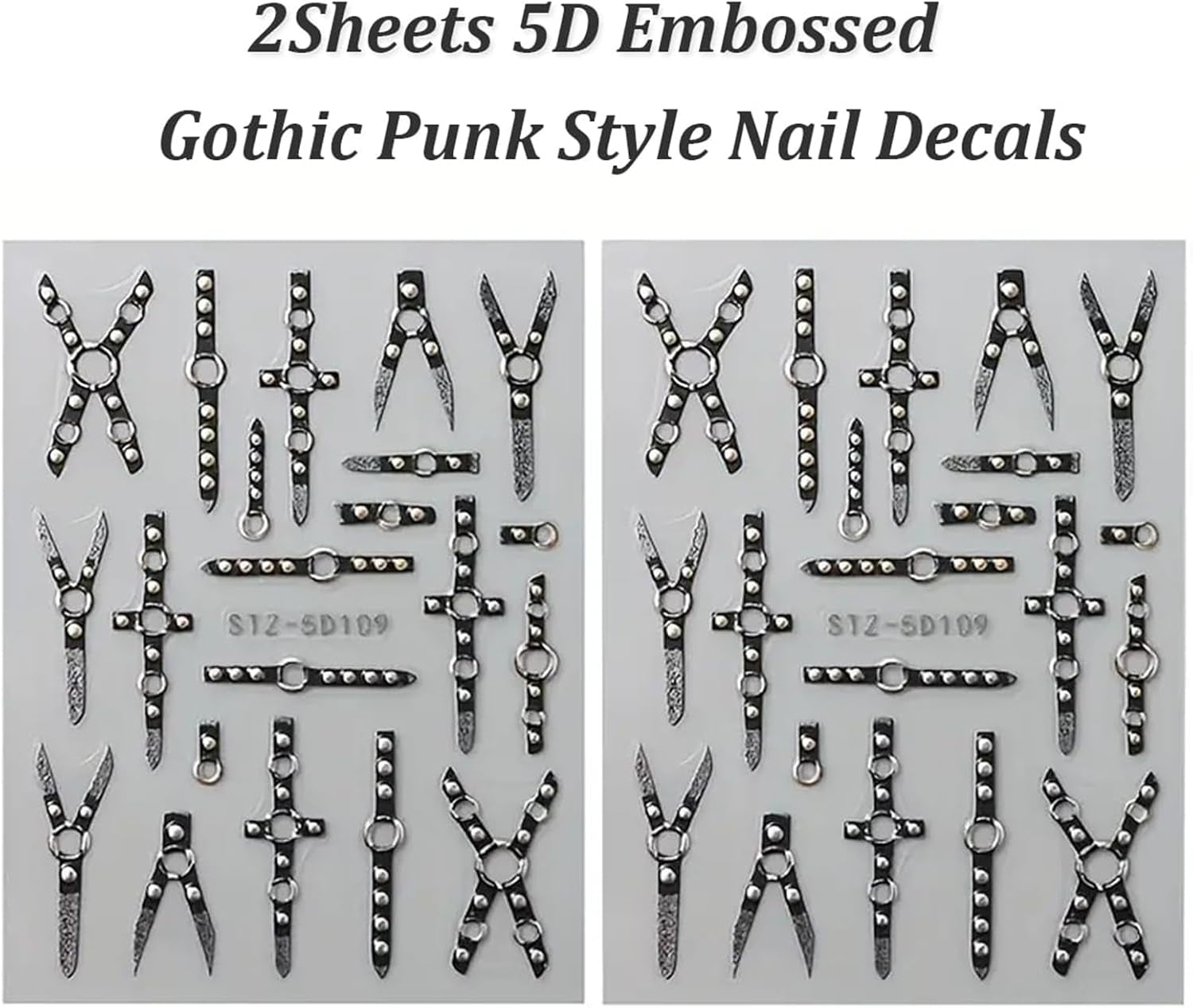 2 STK 5D præget Gothic Punk Nagelsticker, Nagel Sticker Selbstklebend Kreuz Og X-Form Halloween Nagelaufkleber, Nageldesign Tilbehør til Damen Nail Art