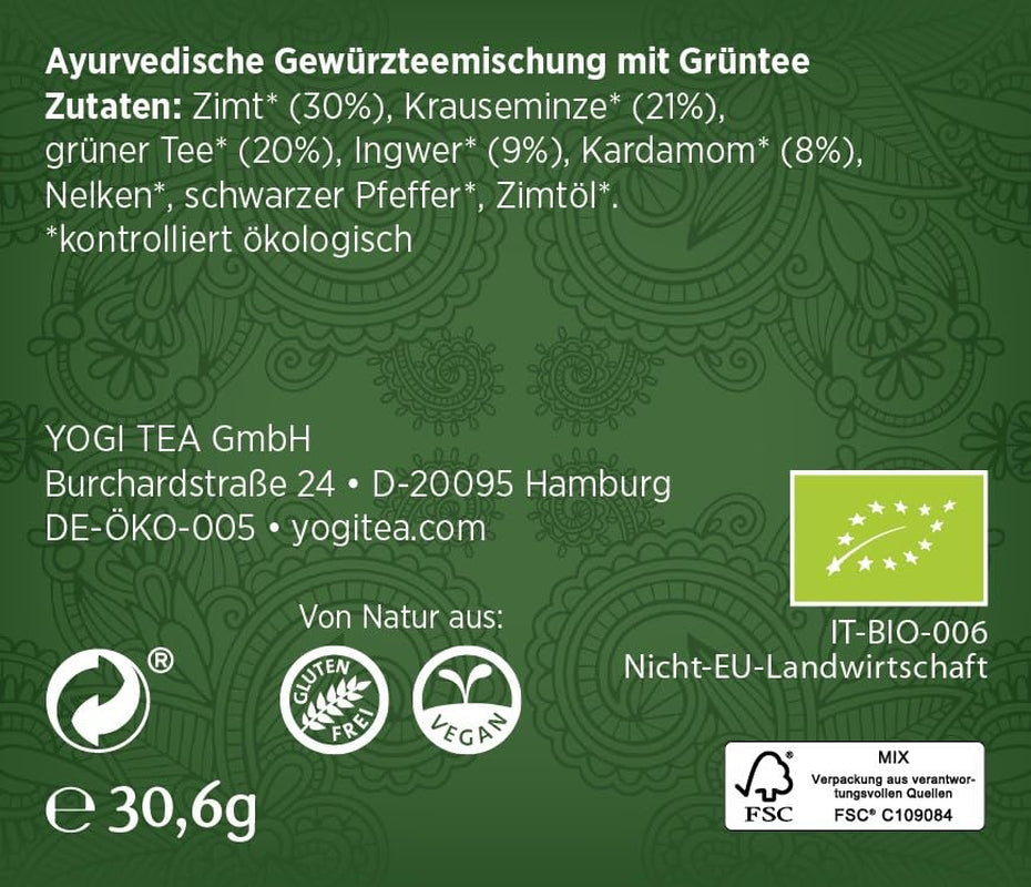 Yogi Tea Green Chai, økologisk ayurvedisk krydret te, blanding af kanel, mynte, grøn te, ingefær, kardemomme og nelliker, 6X17 teposer (i alt 102 teposer)